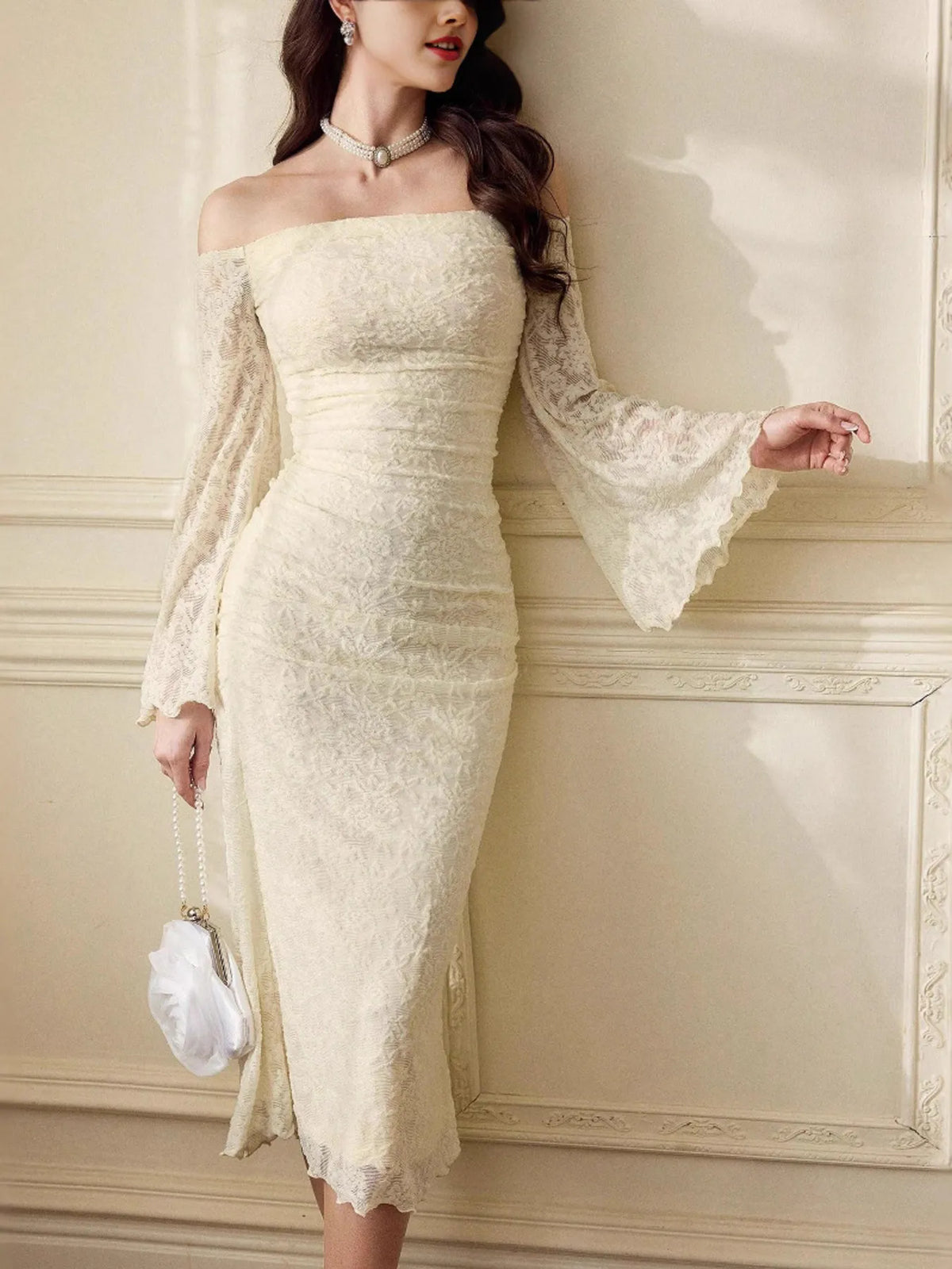 Off-Shoulder Flare Sleeve Dress in Apricot
