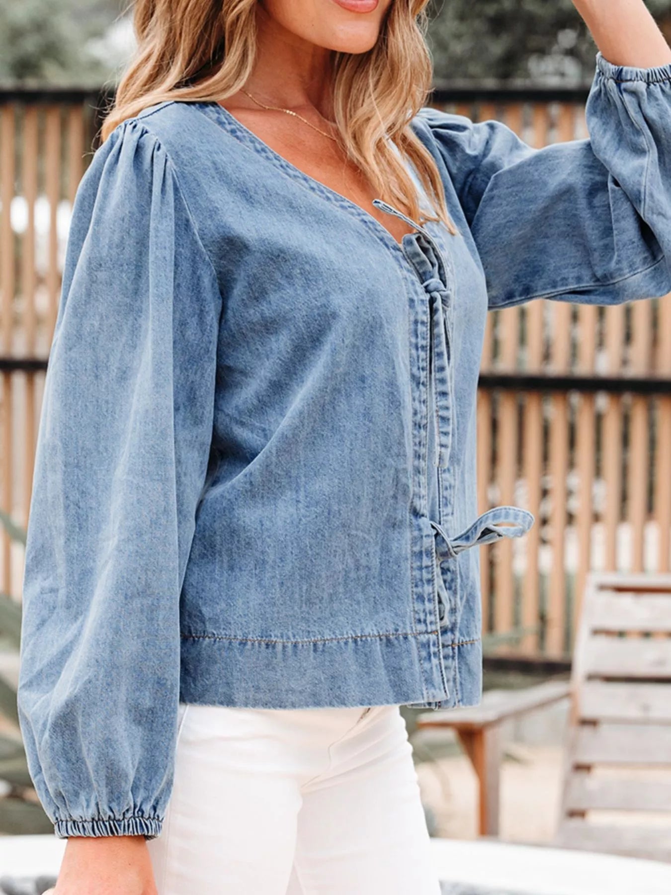 Tied Front Puff Sleeve Denim Top in Dusty Blue