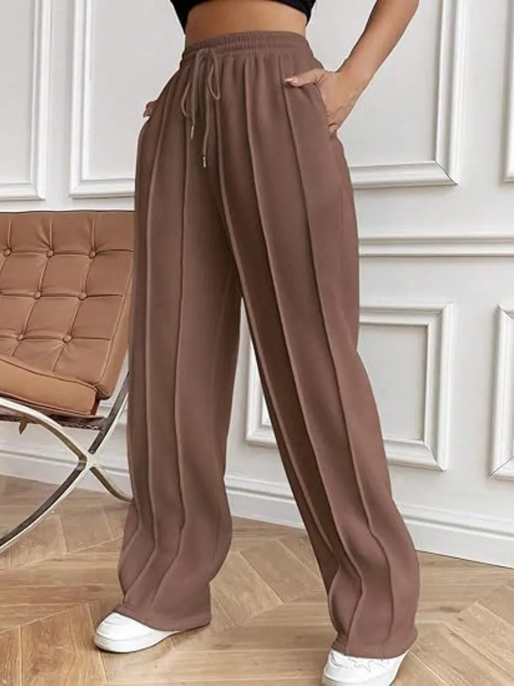 Drawstring Wide Leg Pants with Pockets by K&L