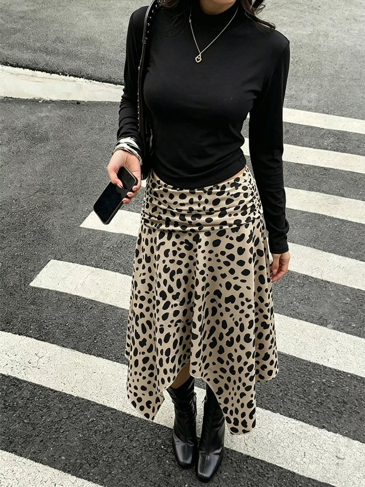Leopard Print Asymmetrical Hem Midi Skirt in Khaki