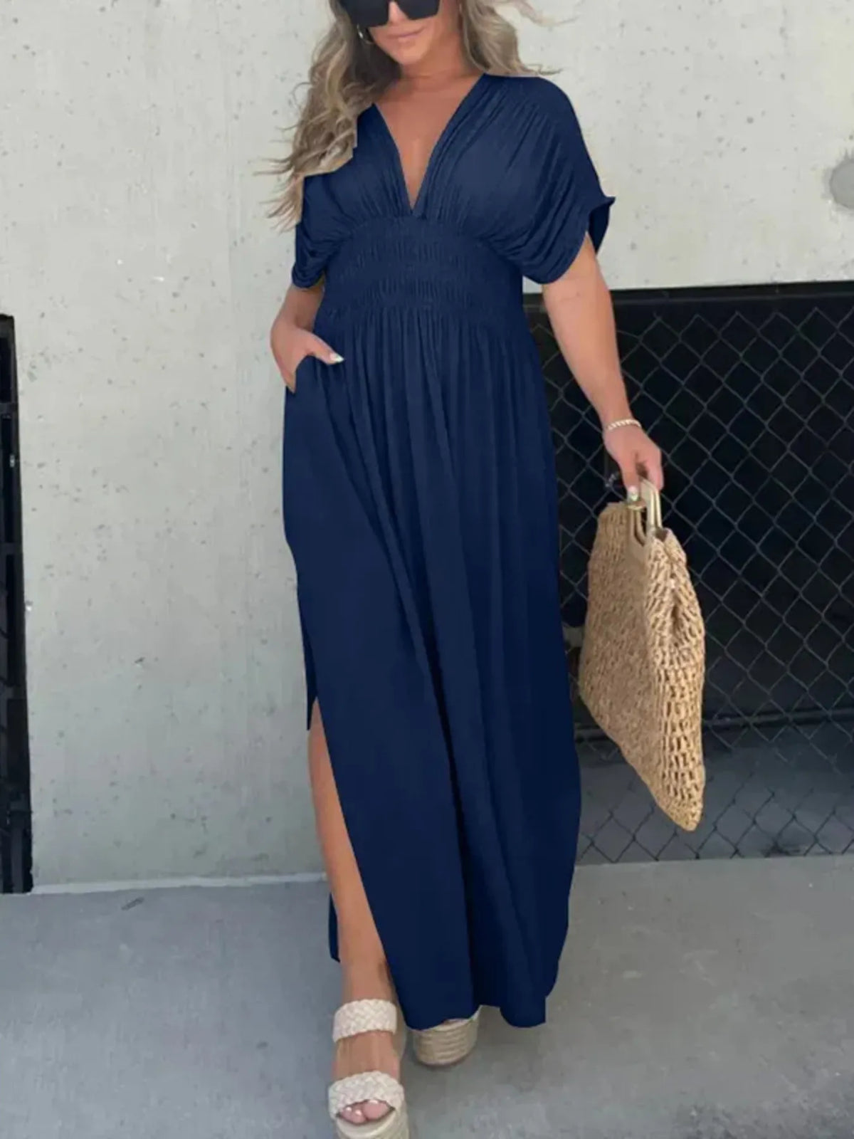 Deep V-Neck Maxi Dress with Side Slit