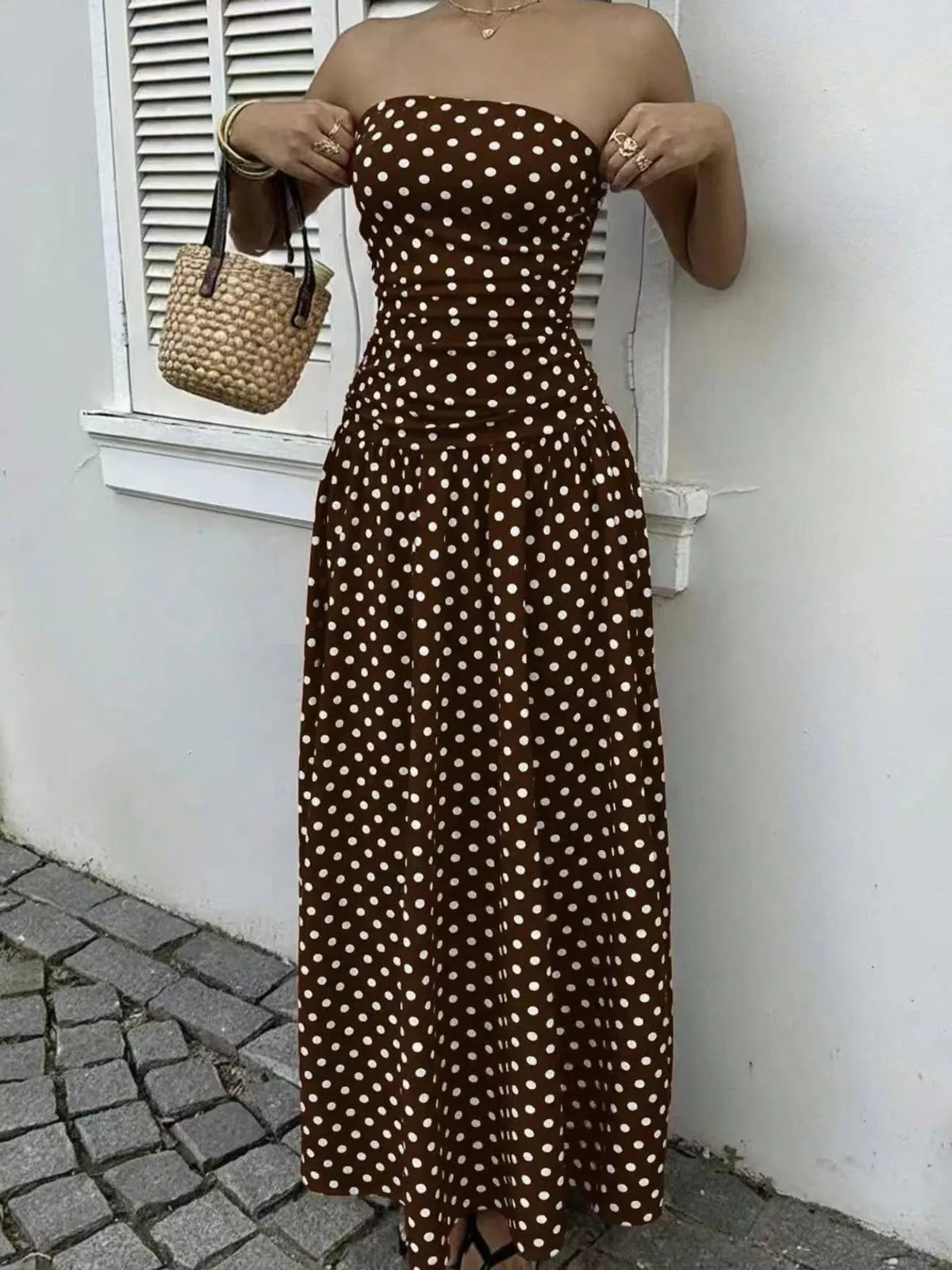 Strapless Polka Dot Ruched Maxi Dress