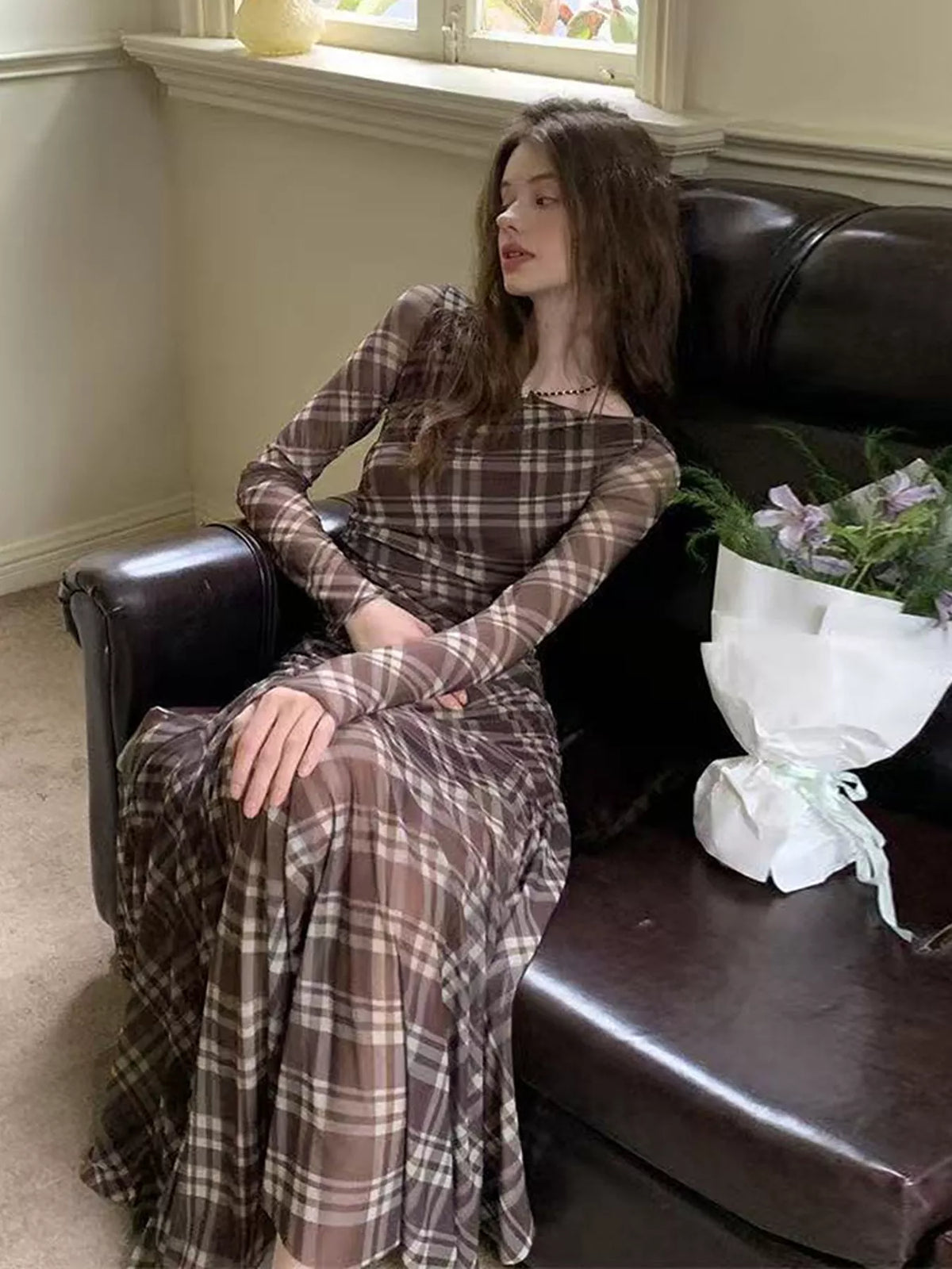 Plaid Slim-Fit Maxi Dress in Brown