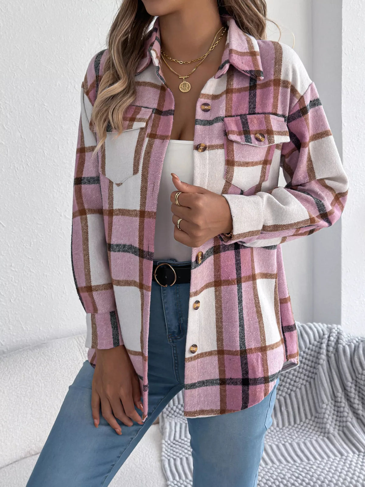 Plaid Button-Down Shacket by Clise