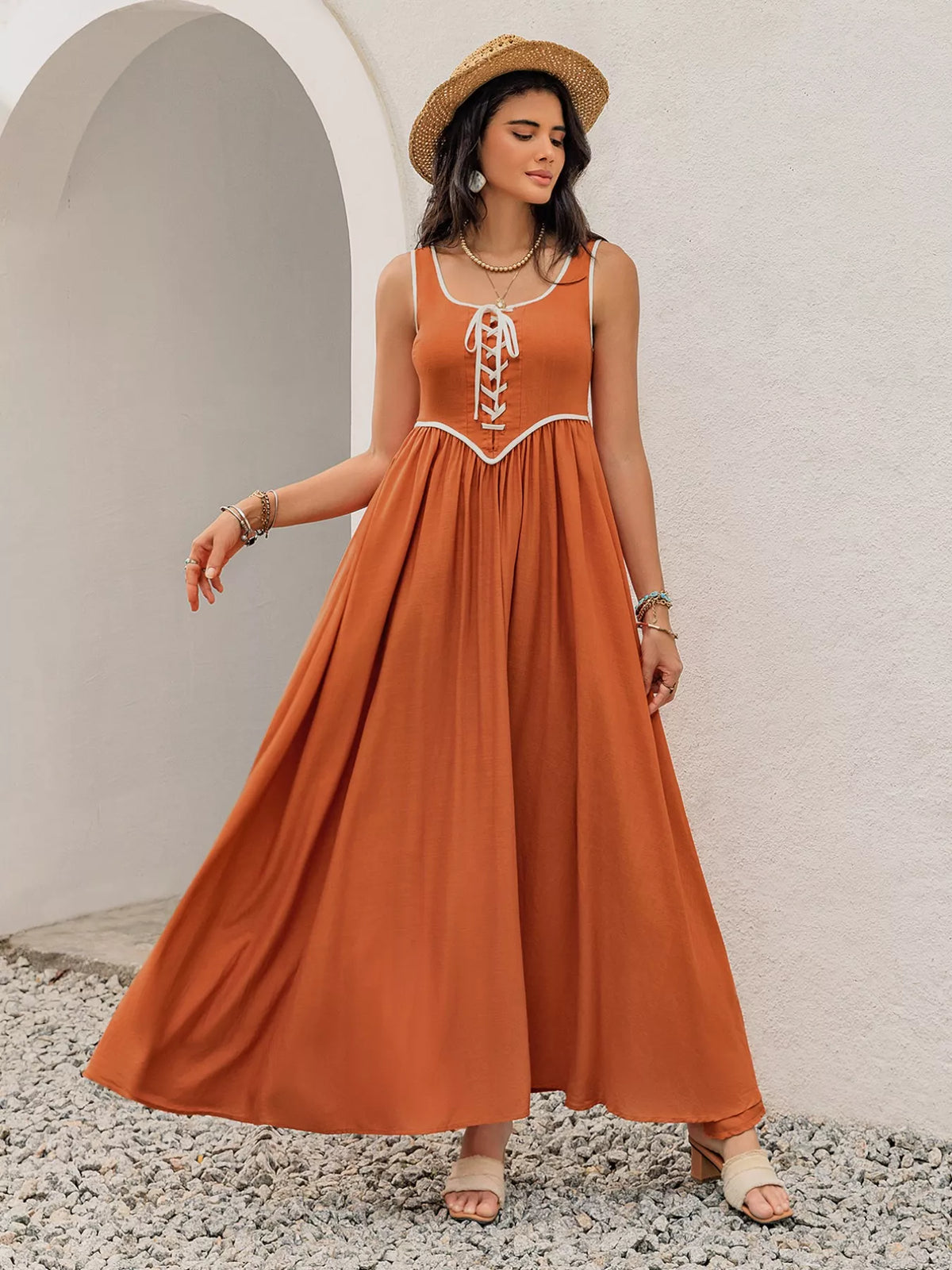 Contrast Trim Lace-Up Maxi Tank Dress in Terracotta