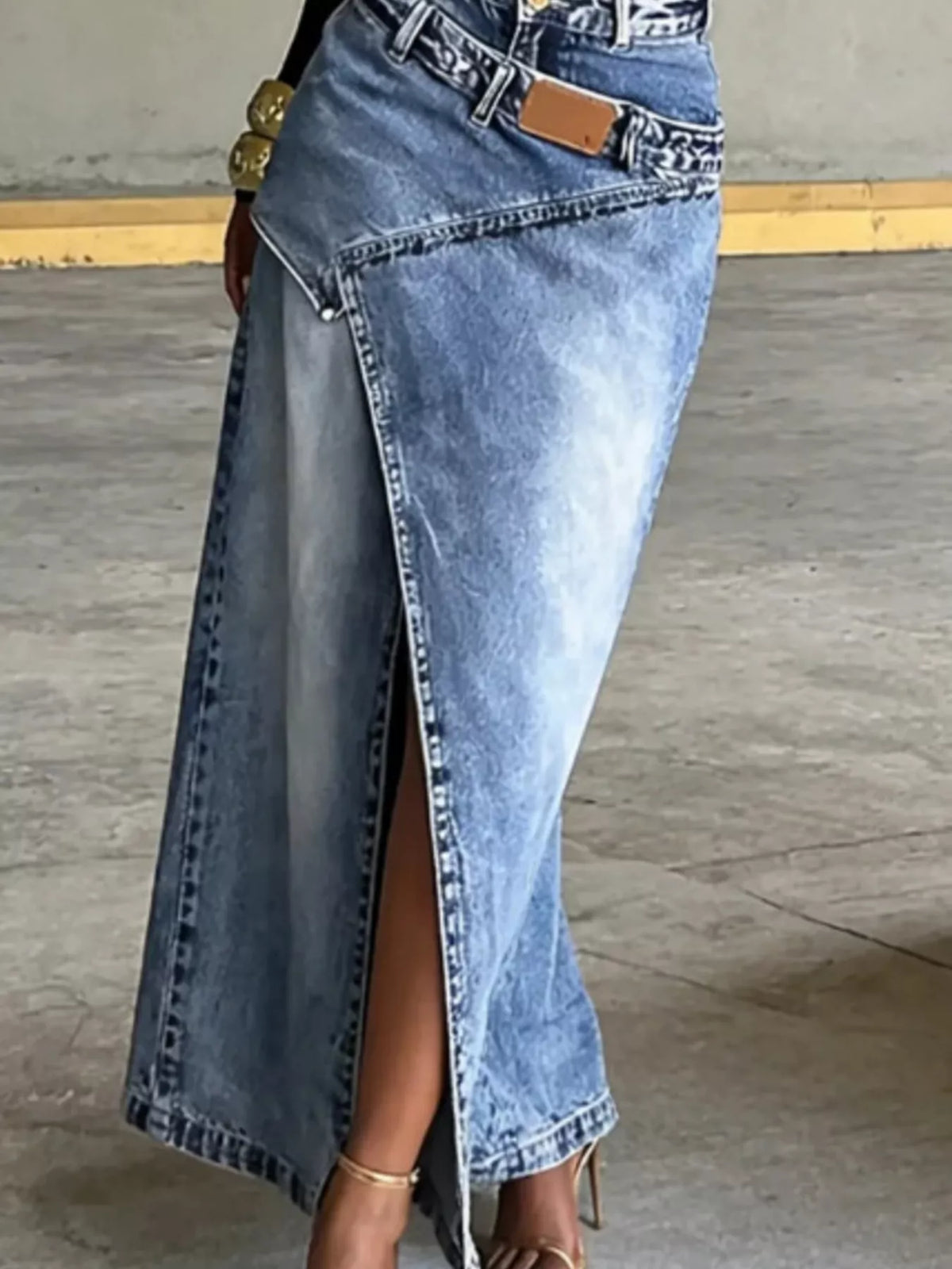 High-Waisted Asymmetric Slit Denim Maxi Skirt in Light Blue