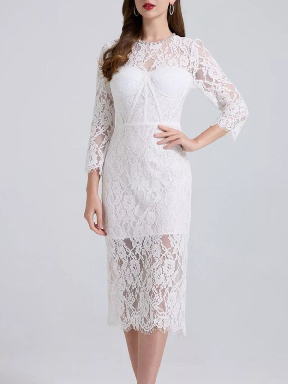 Lace Midi Dress with Long Sleeves and Slit