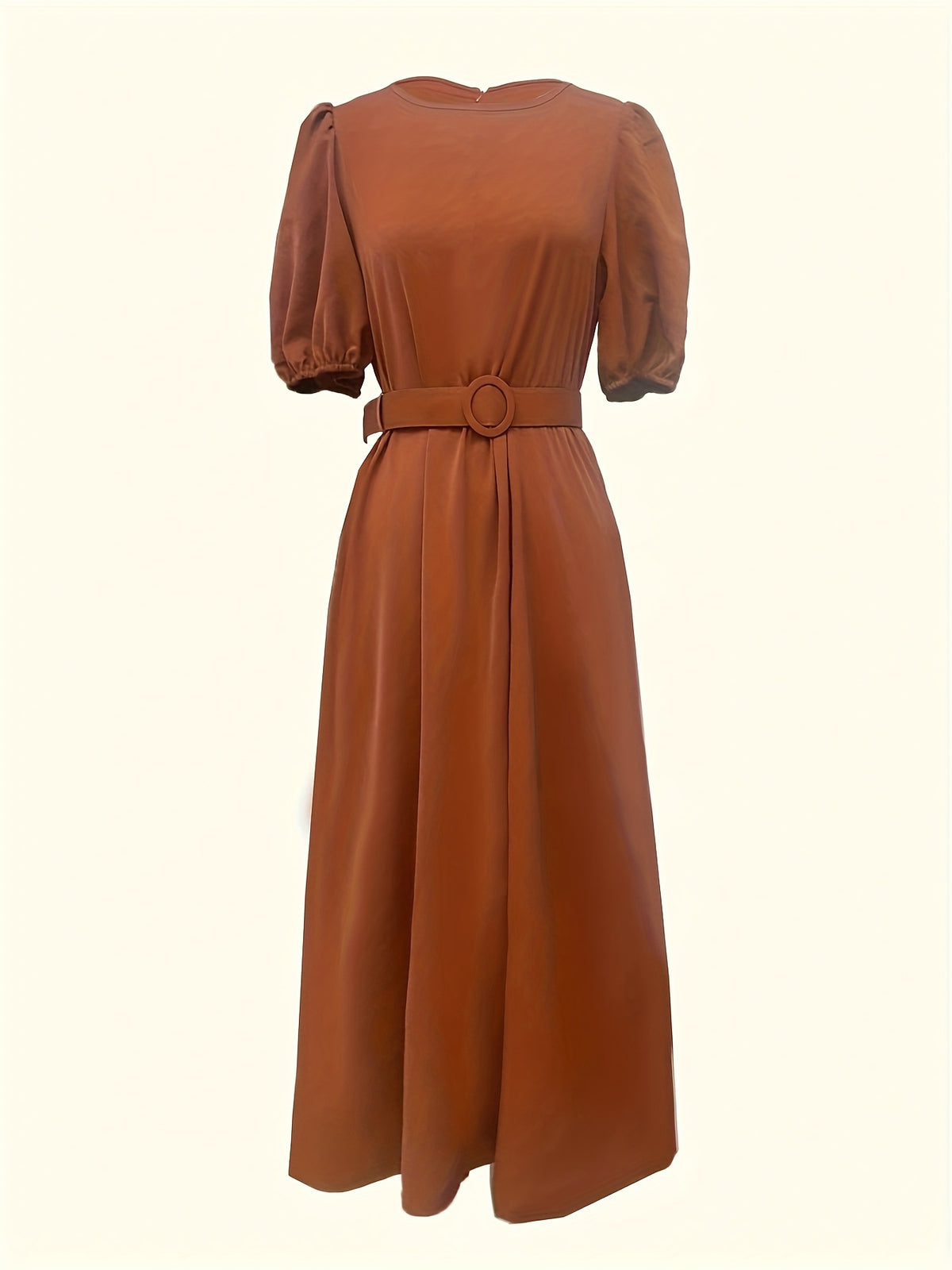 Belted Puff Sleeve Midi Dress in Tan