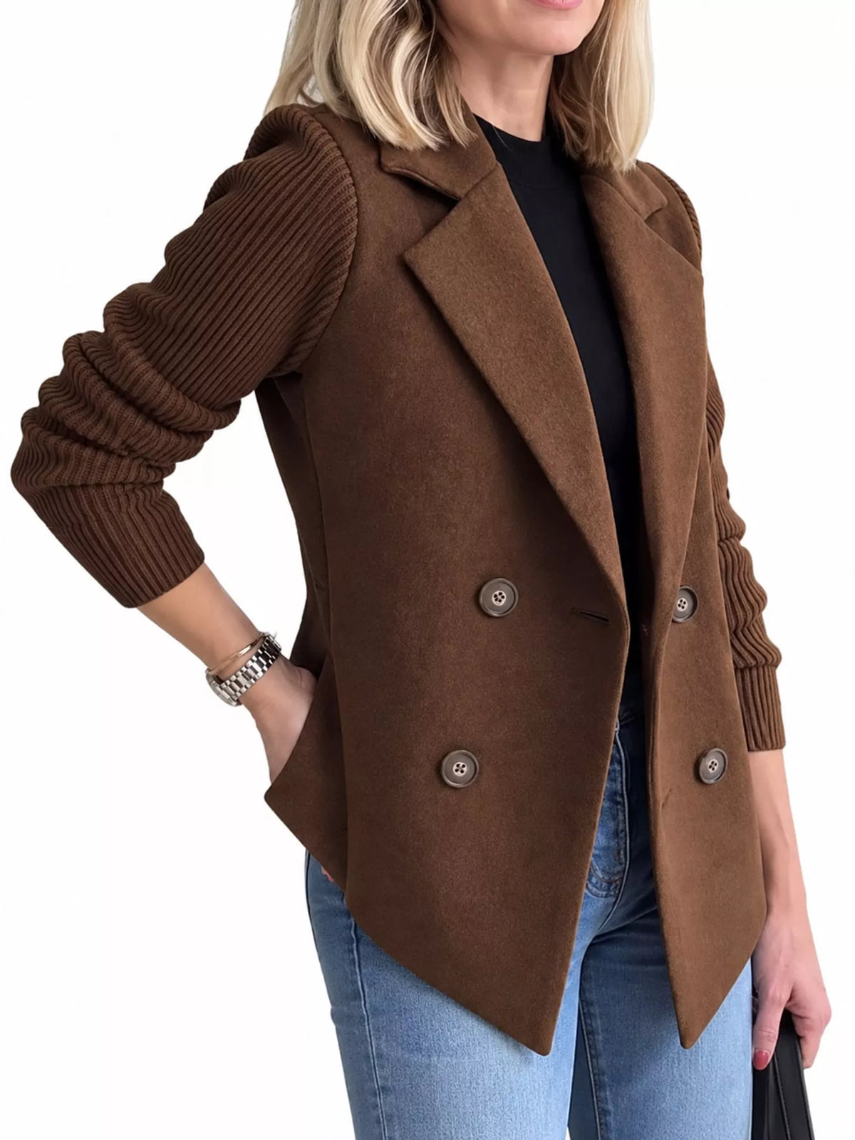 Double-Breasted Hybrid Blazer with Ribbed Knit Sleeves