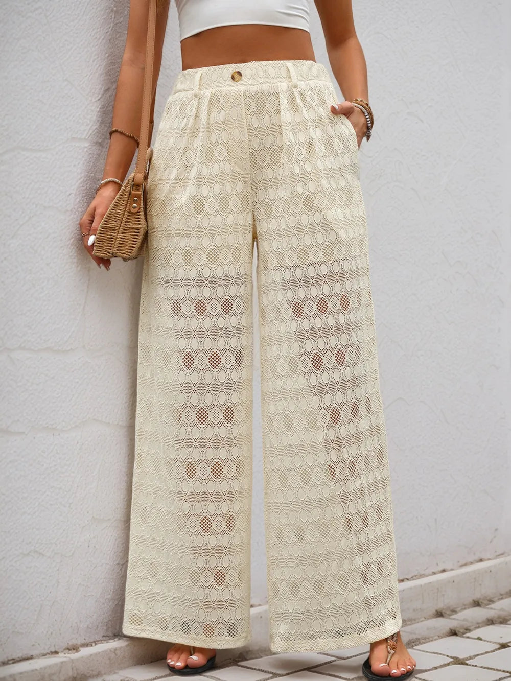 Decorative Button Wide Leg Pants in Cream