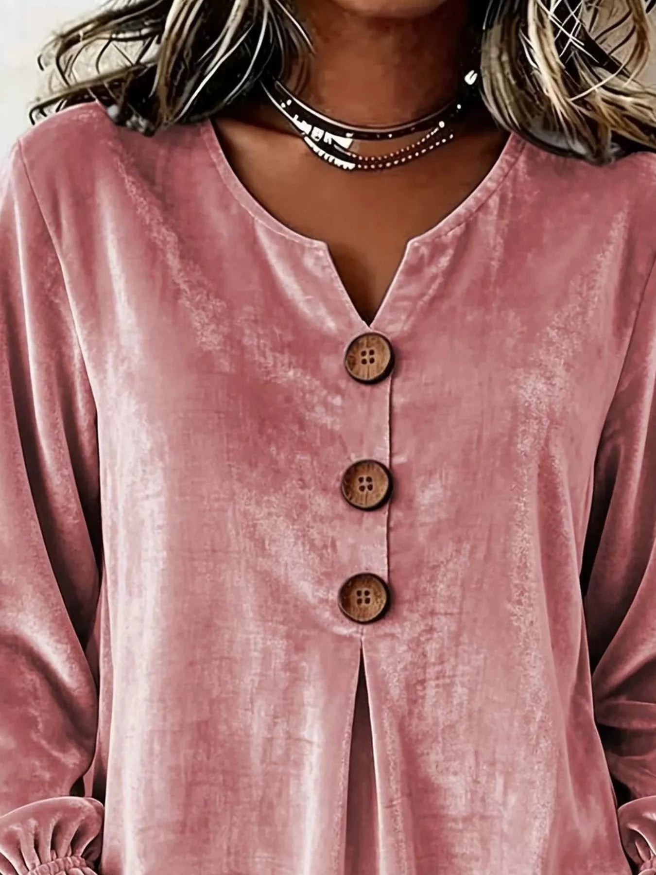 Velvet Button Decor Blouse with Ruffled Cuffs
