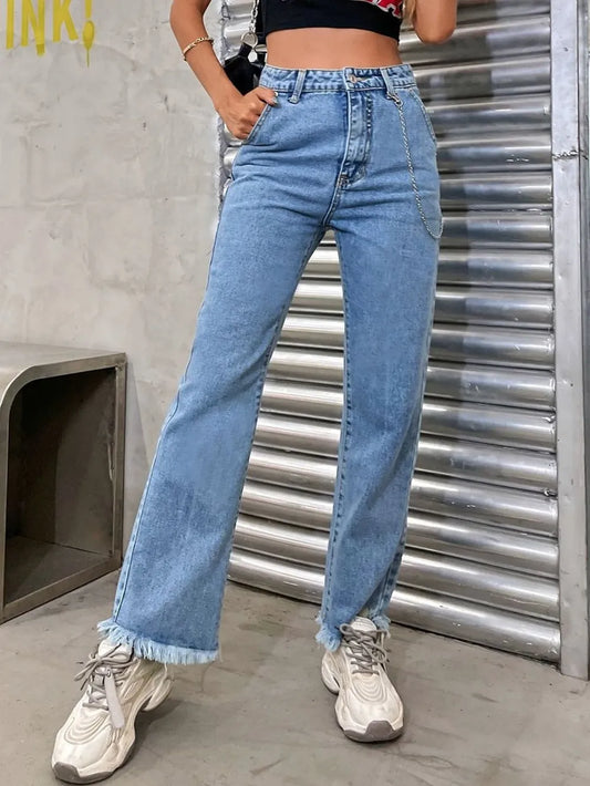 Raw Hem Straight Jeans in Light Wash