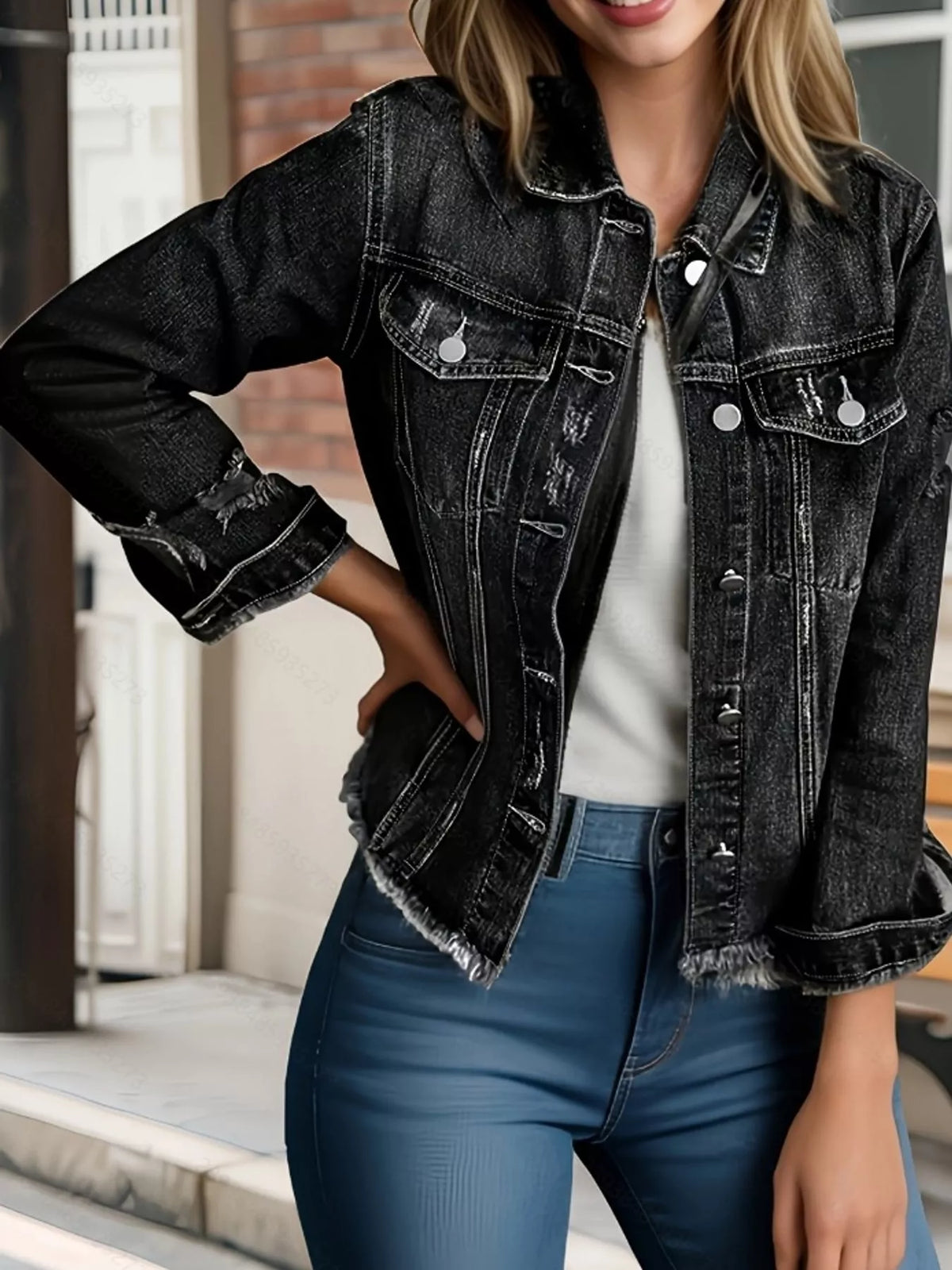 Distressed Raw Hem Denim Jacket
