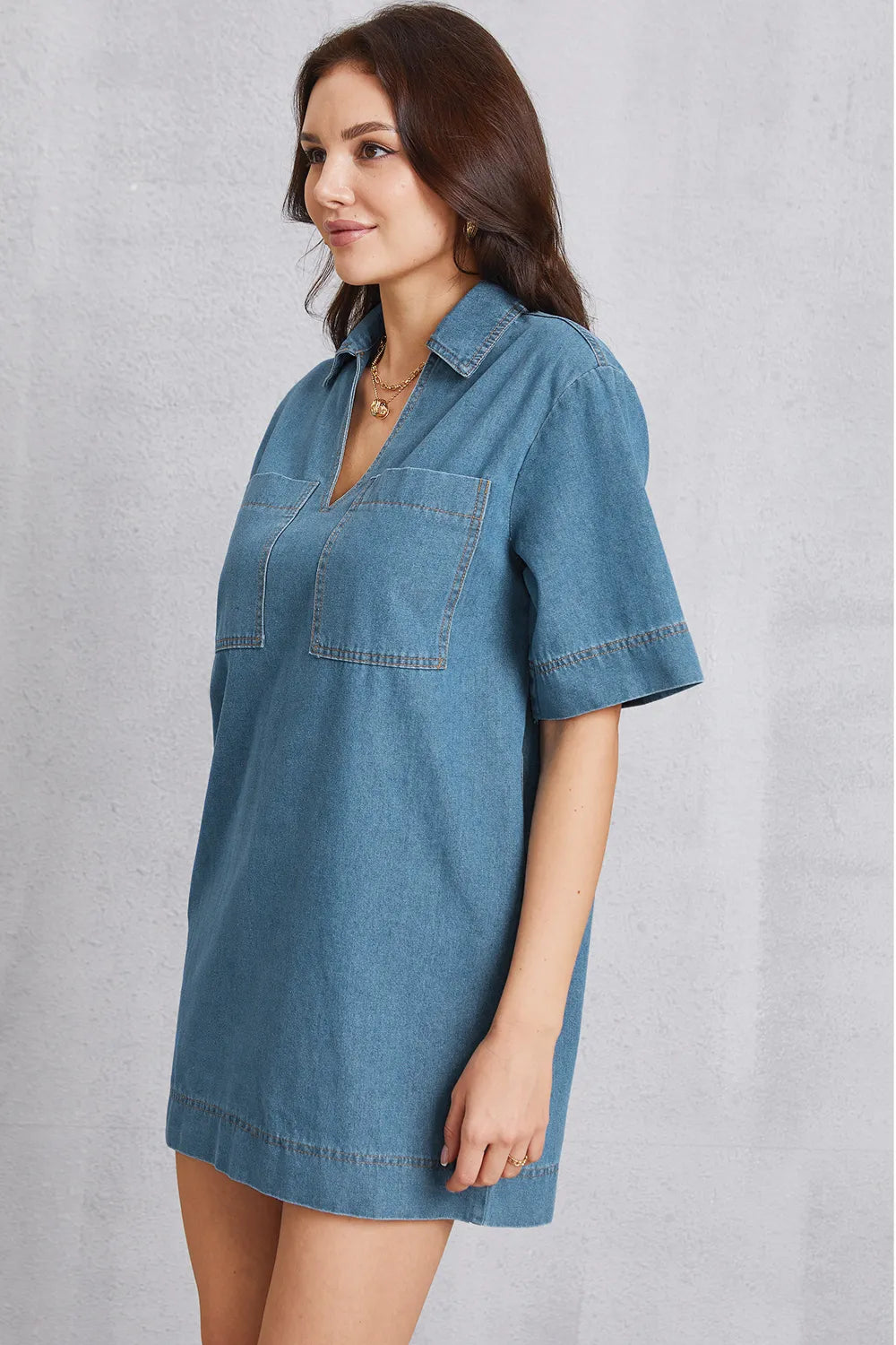 Pocketed Collared Mini Denim Dress in Medium Wash by Y.Y@Denim