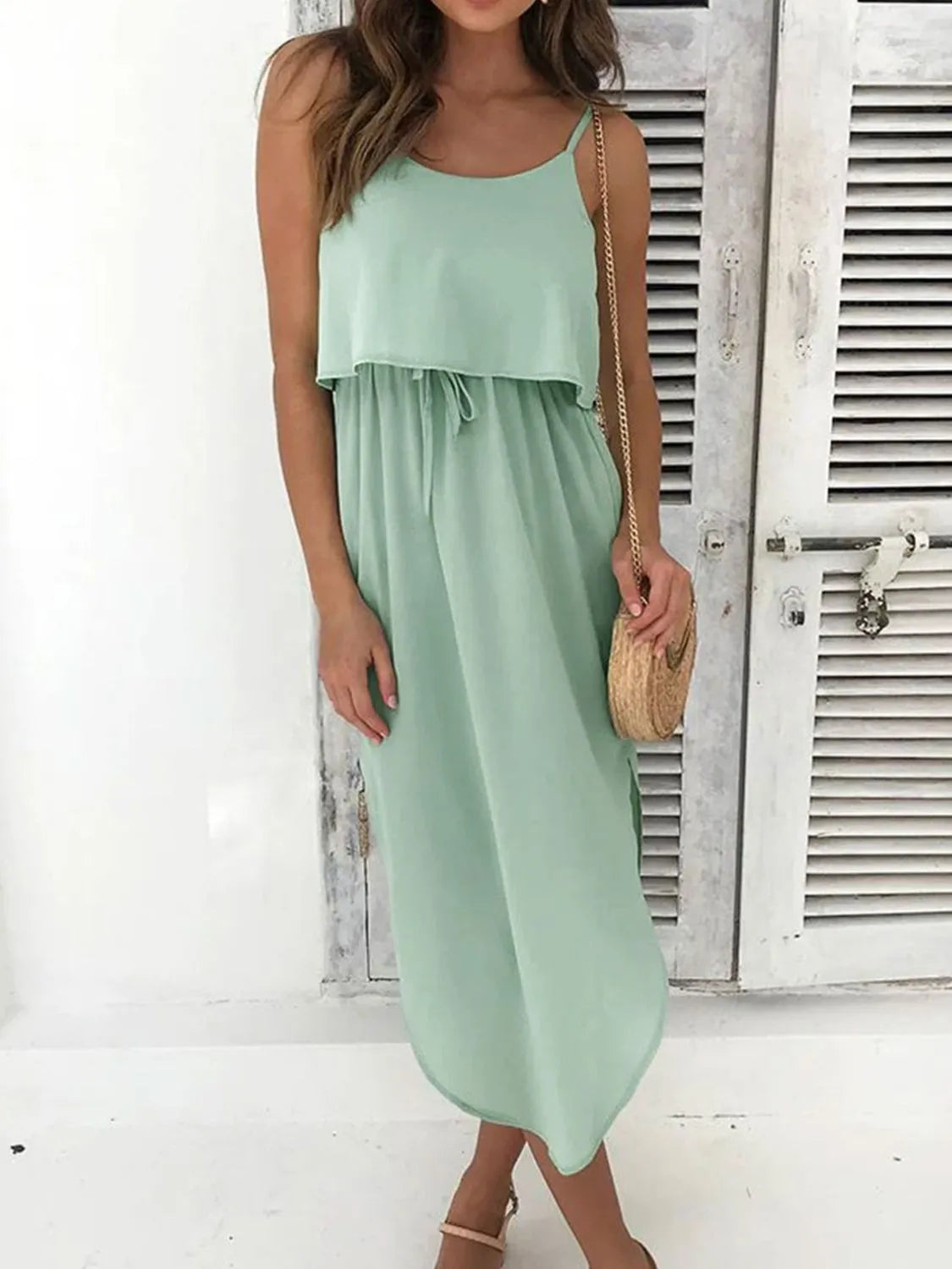Tied Midi Cami Dress in Light Green