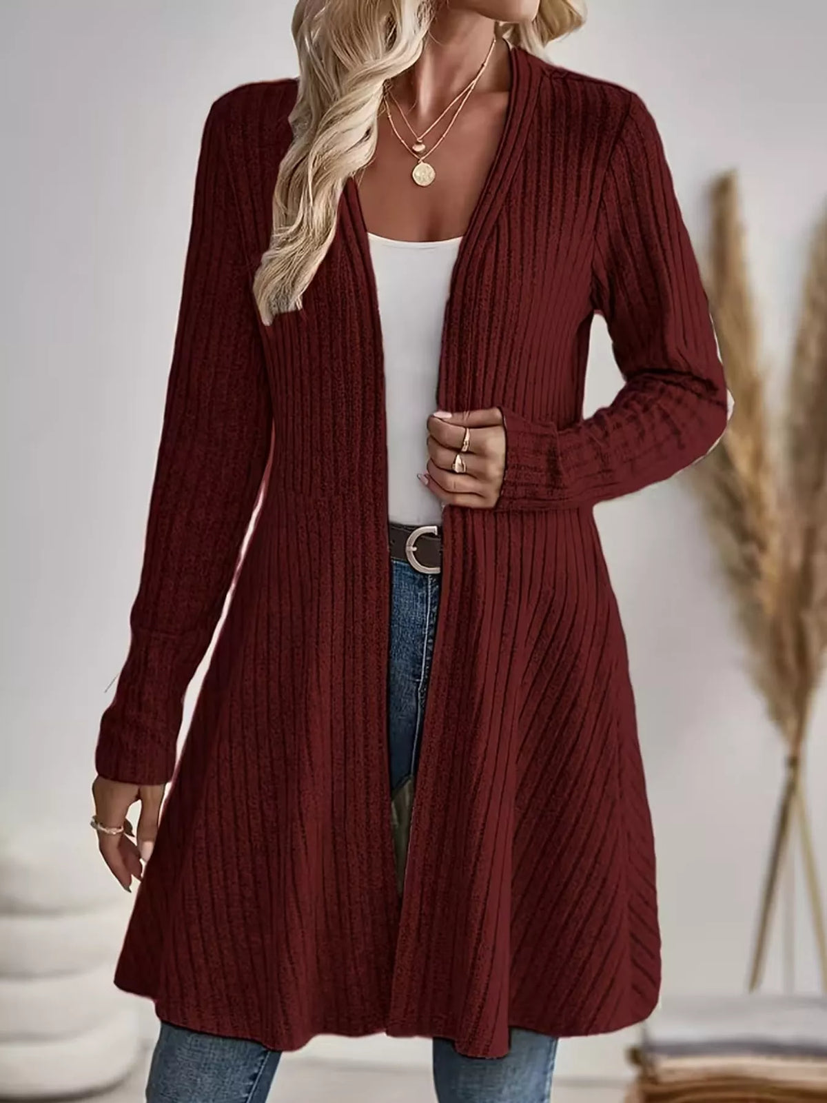 Ribbed Knit Open-Front Cardigan