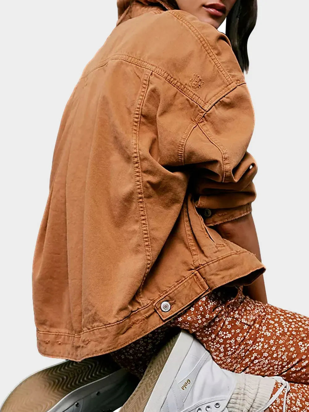Drop Shoulder Button-Up Denim Jacket in Caramel by Dreamy Drapes