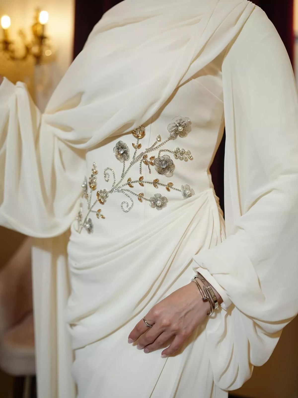 Long-Sleeve Rhinestone Ruched Maxi Evening Dress