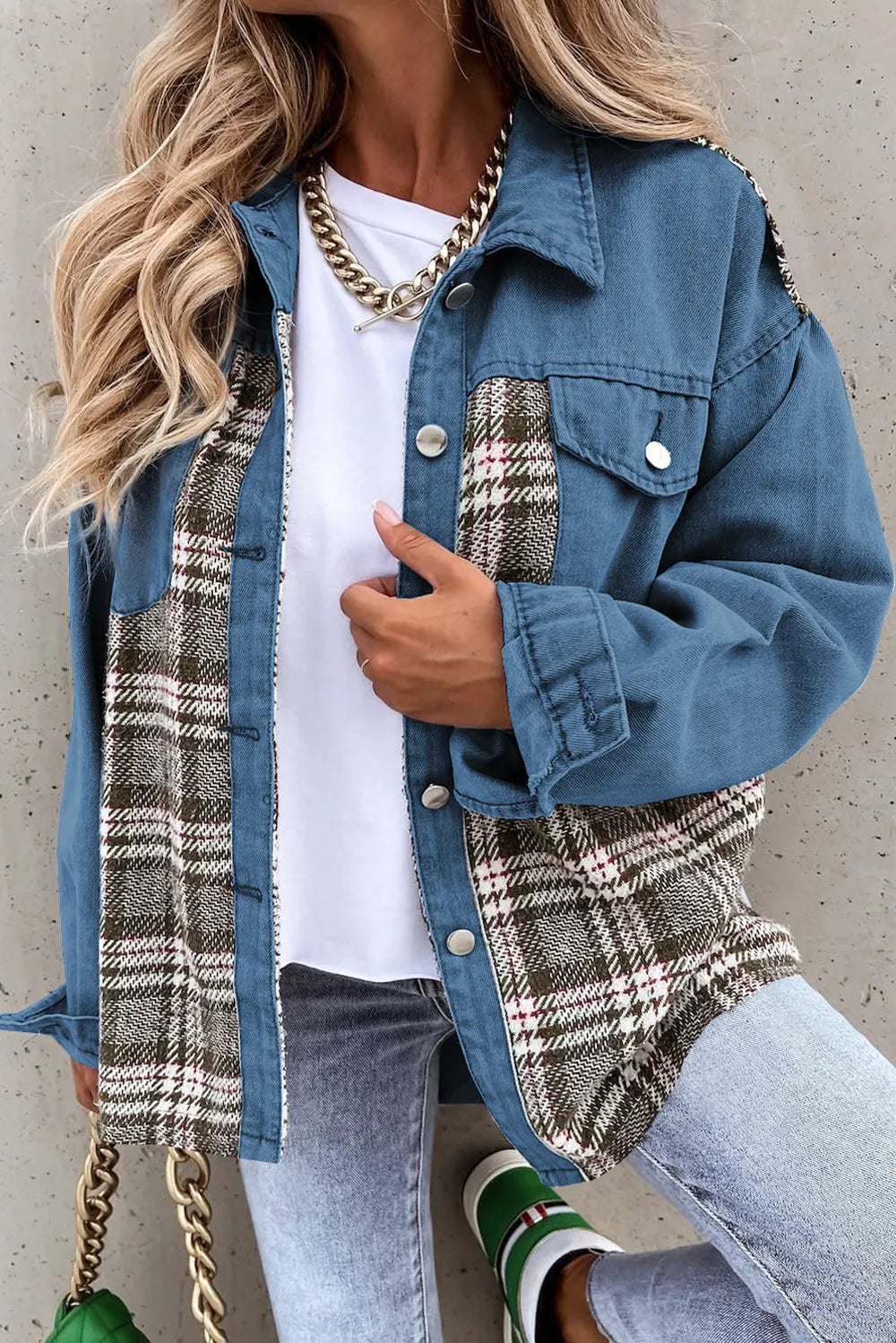 Plaid Button-Up Denim Jacket