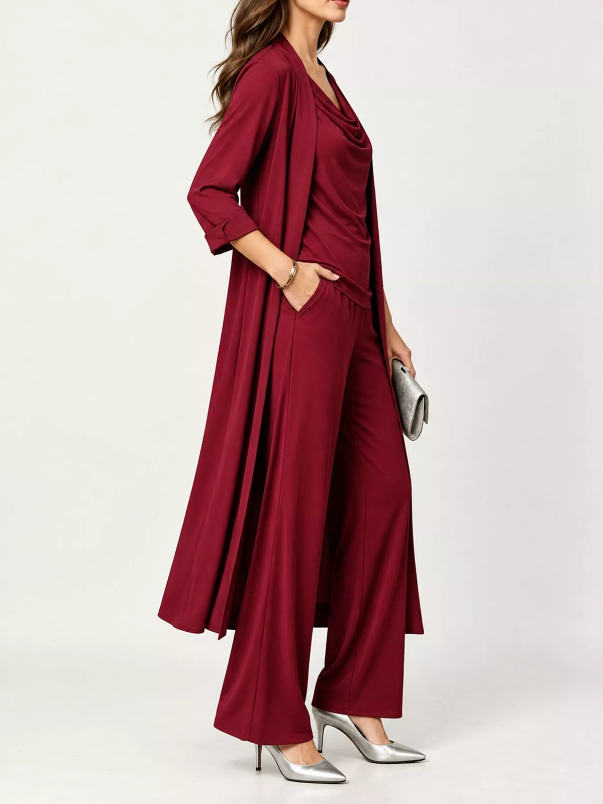 Cowl Neck Top, Cardigan and Pants Set