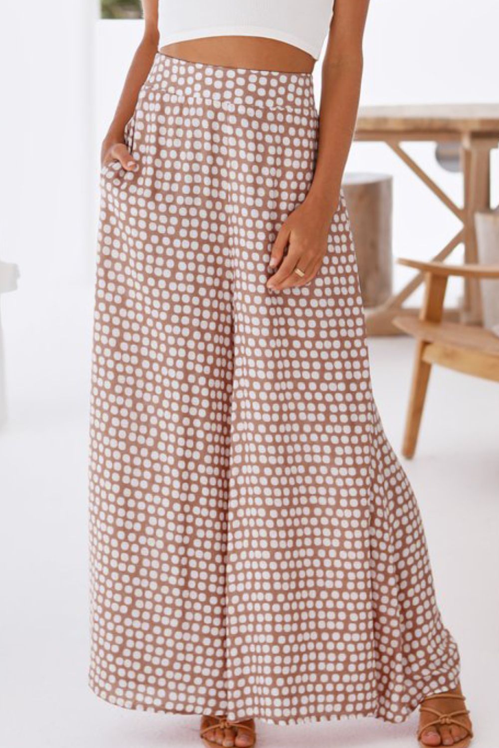 Polka Dot High Waist Wide Leg Pants in Dusty Pink