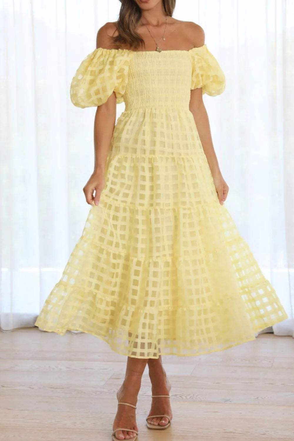 Off Shoulder Puff Sleeve Midi Dress