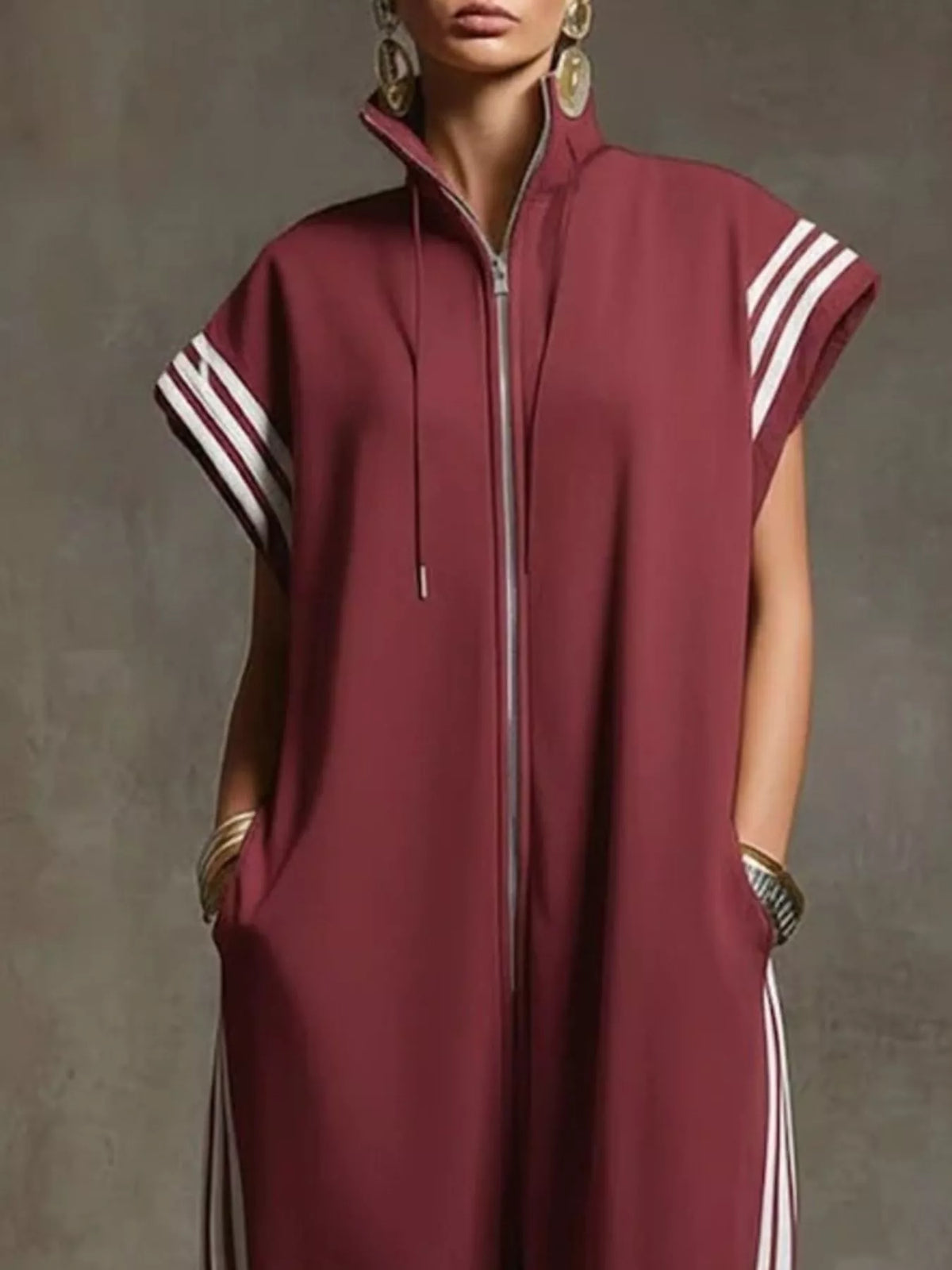 Side Stripe Zip-Front Wide-Leg Jumpsuit