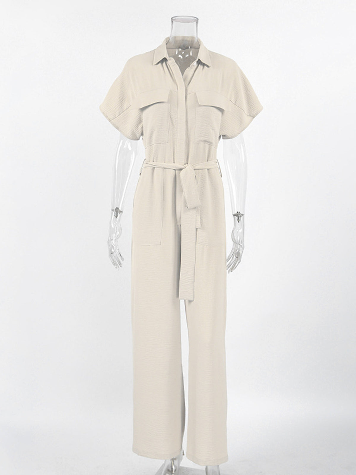 Chest Pocket Wide-Leg Jumpsuit in Beige