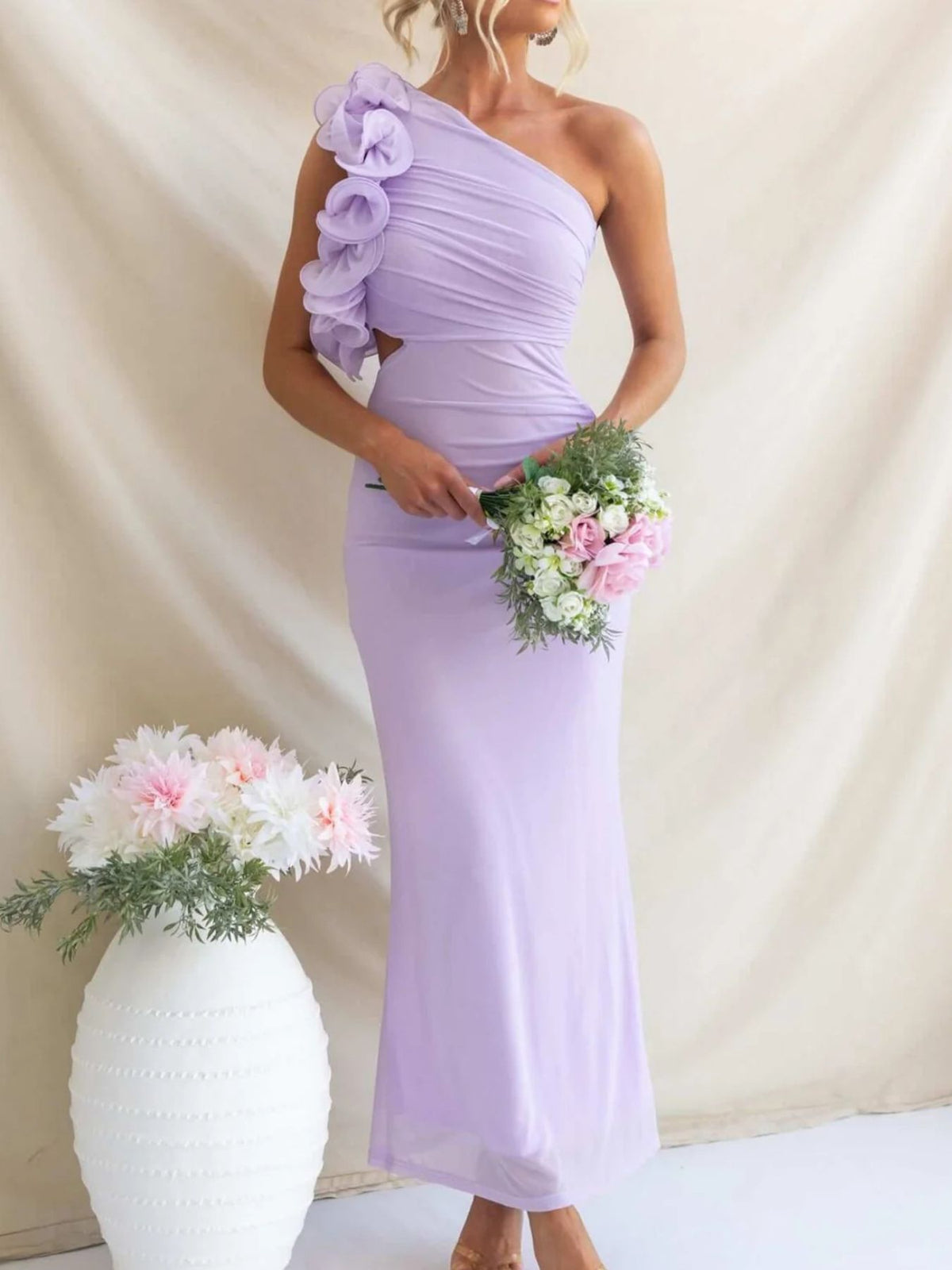 One-Shoulder Floral Trim Maxi Dress
