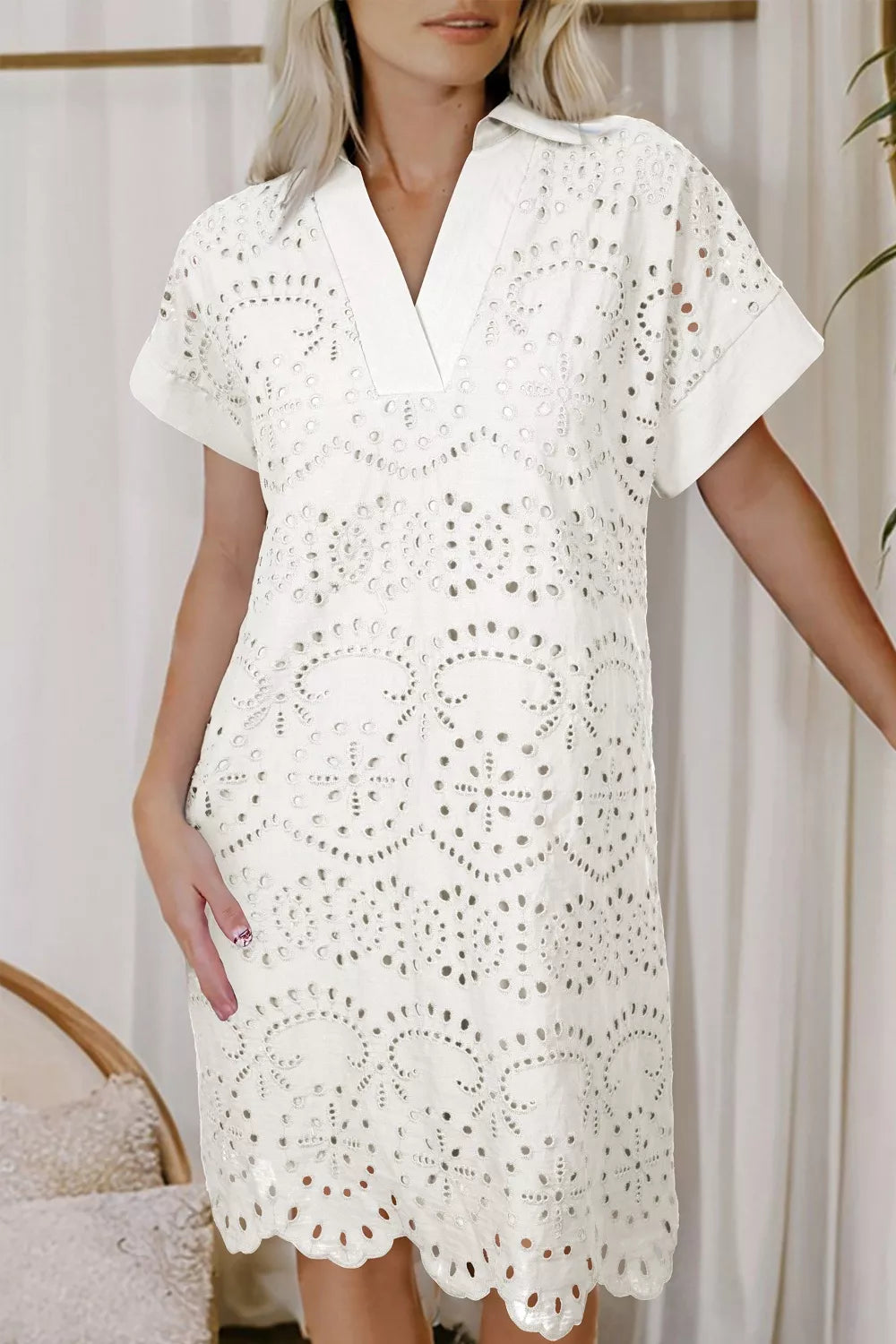 Eyelet Embroidered T-Shirt Mini Dress in White