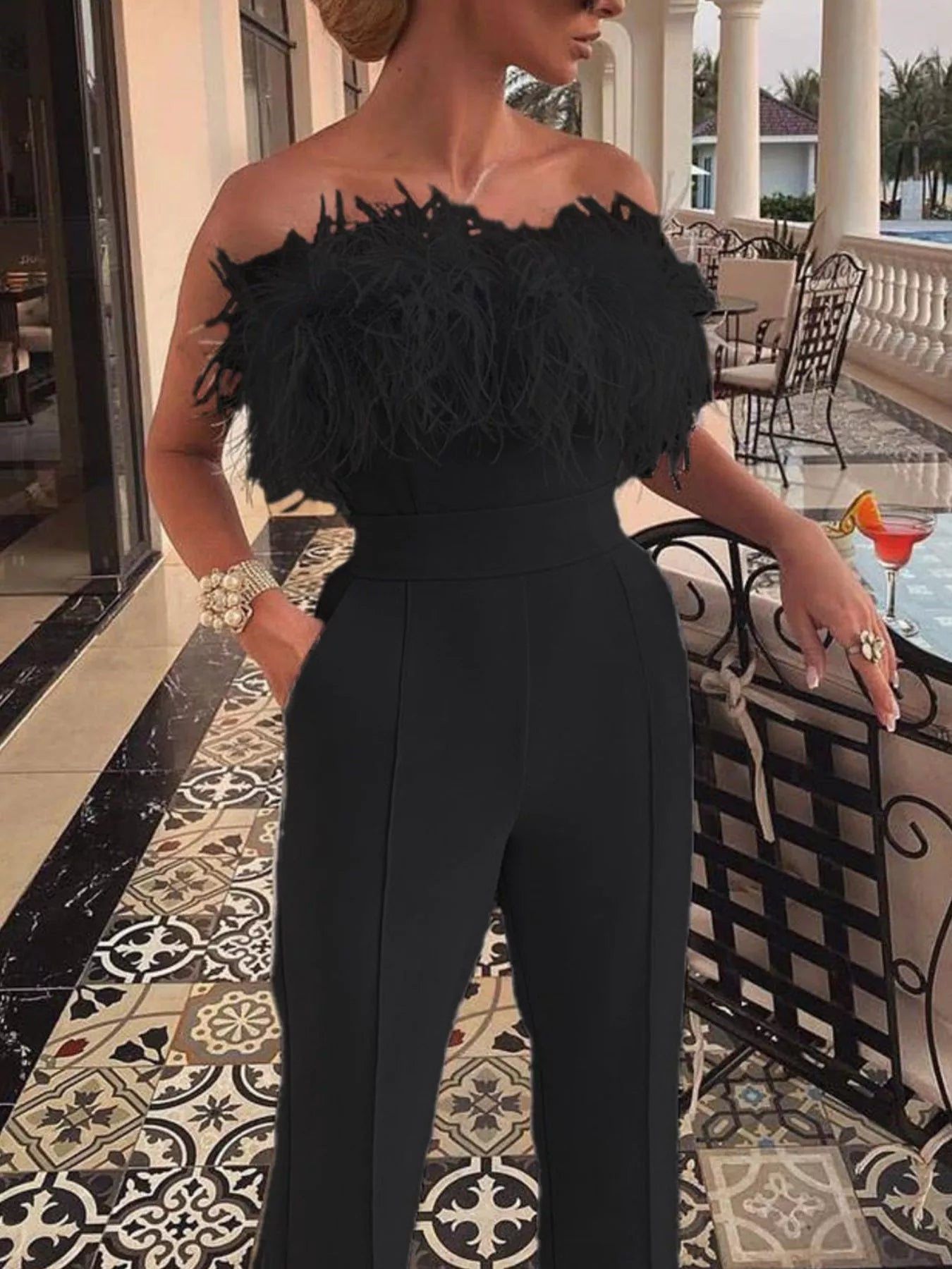 Feather Trim Strapless Wide-Leg Jumpsuit
