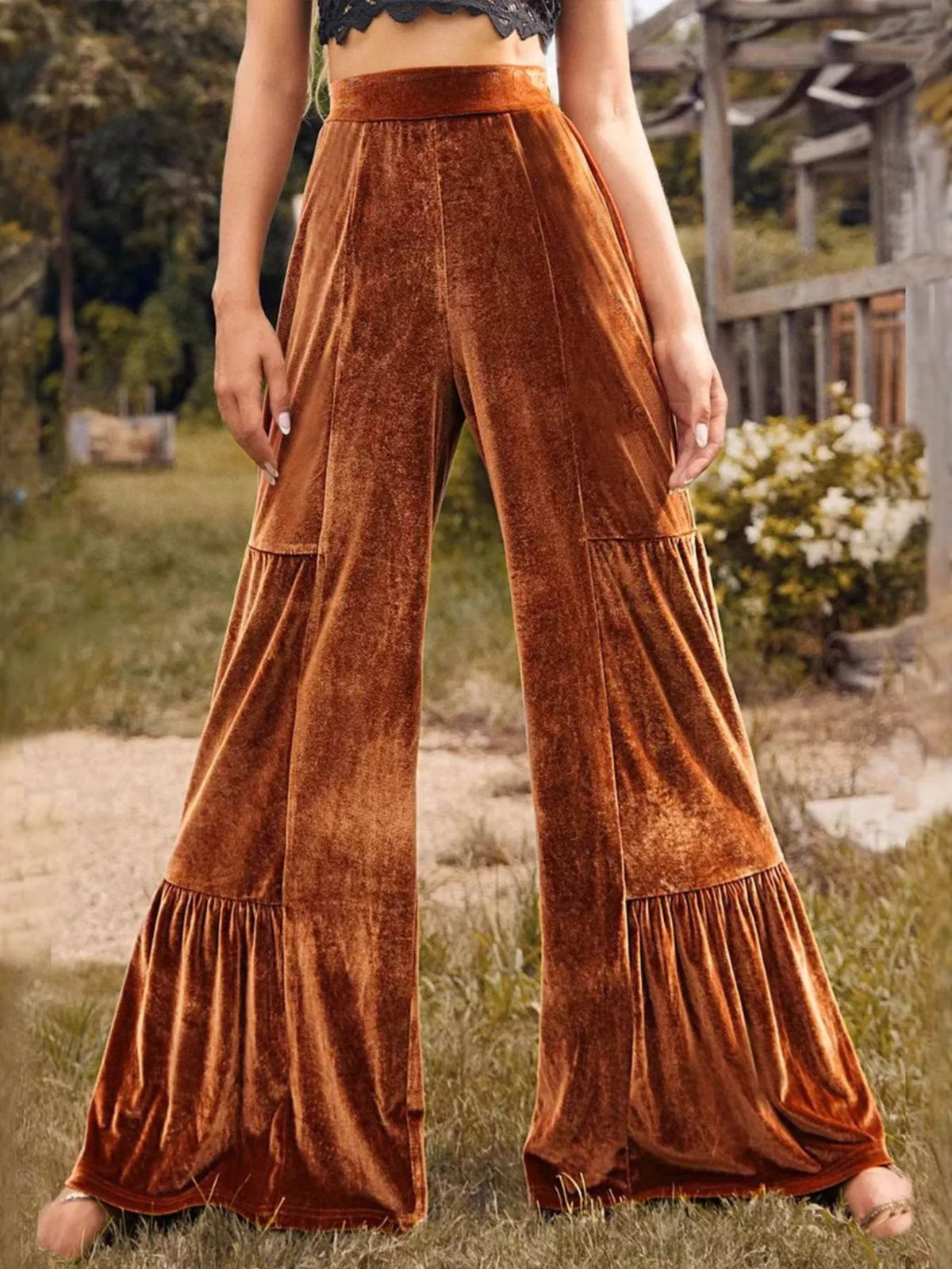 Ruched Velvet Wide-Leg Pants