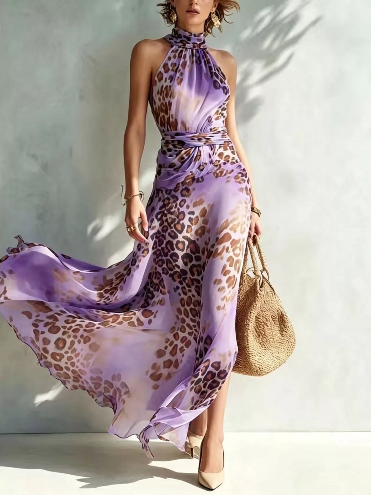 Leopard Print Sleeveless Maxi Dress by Kaelinne