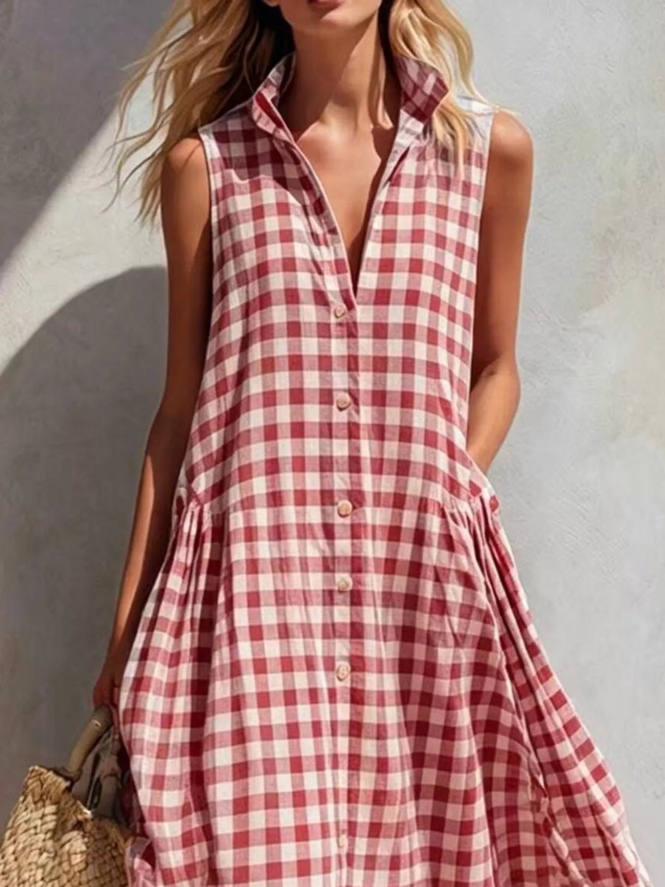 Gingham Button-Down Midi Dress