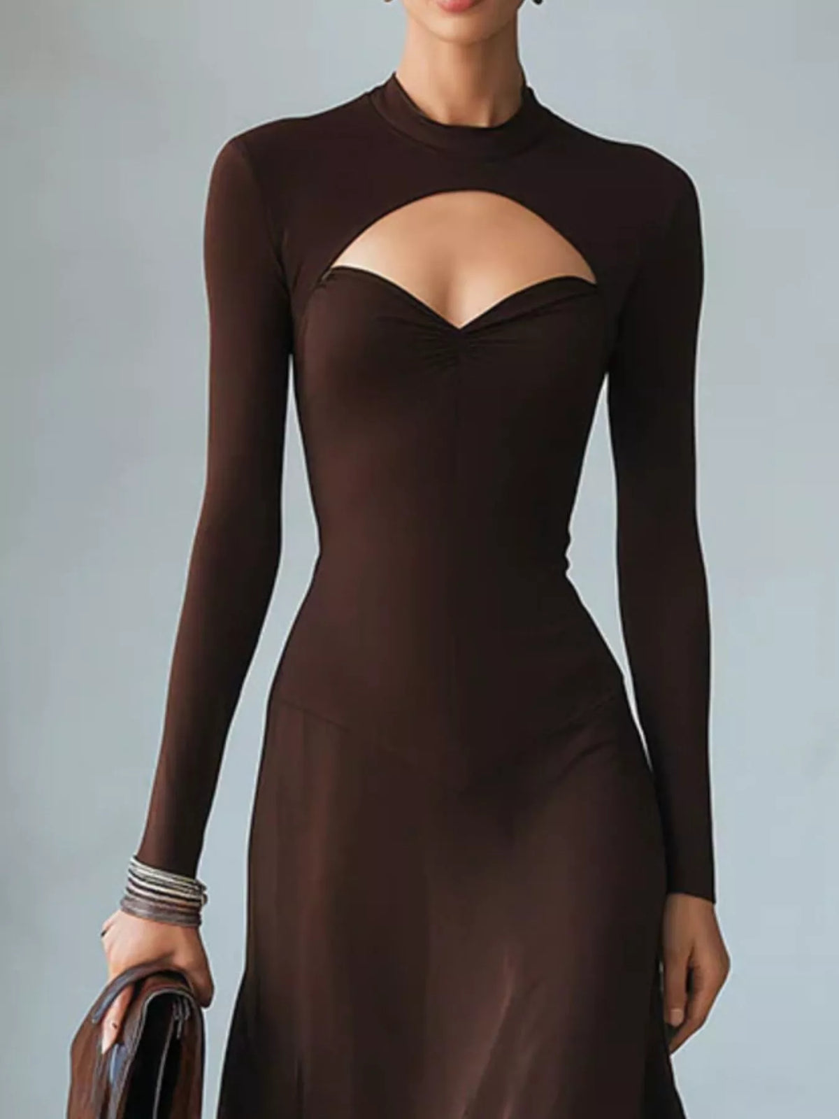 Mock Neck Cut-Out Long Sleeve Midi Dress