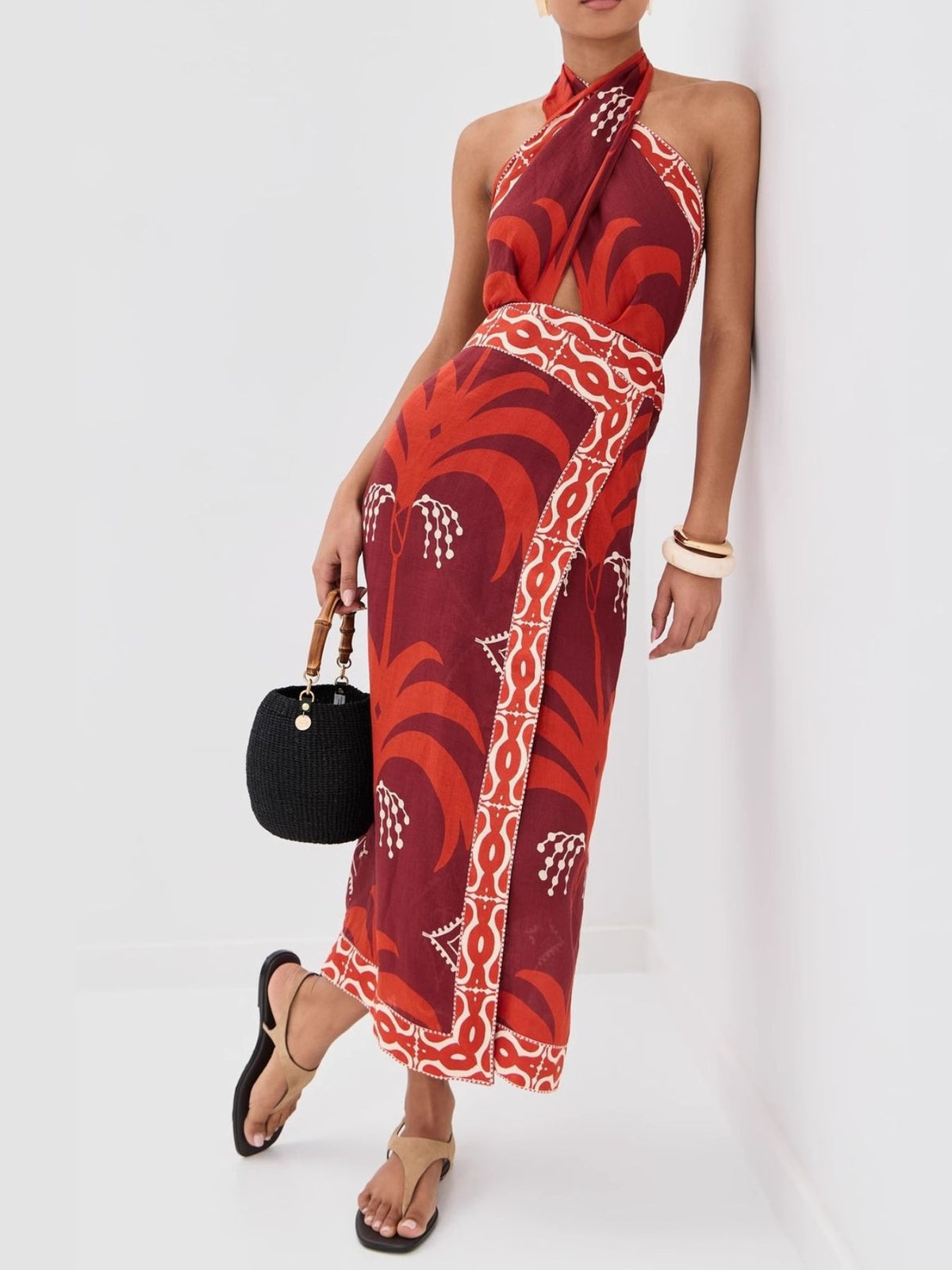 Tropical Print Halter Wrap Dress in Red