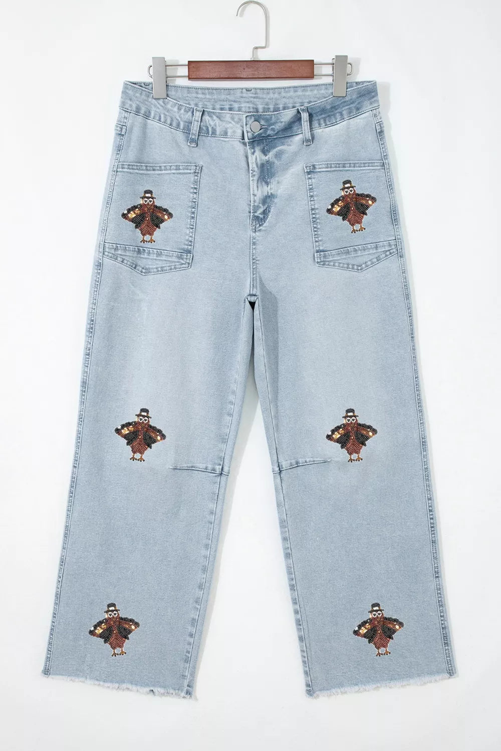 Sequin Patch Pocket Ankle Jeans in Light Blue