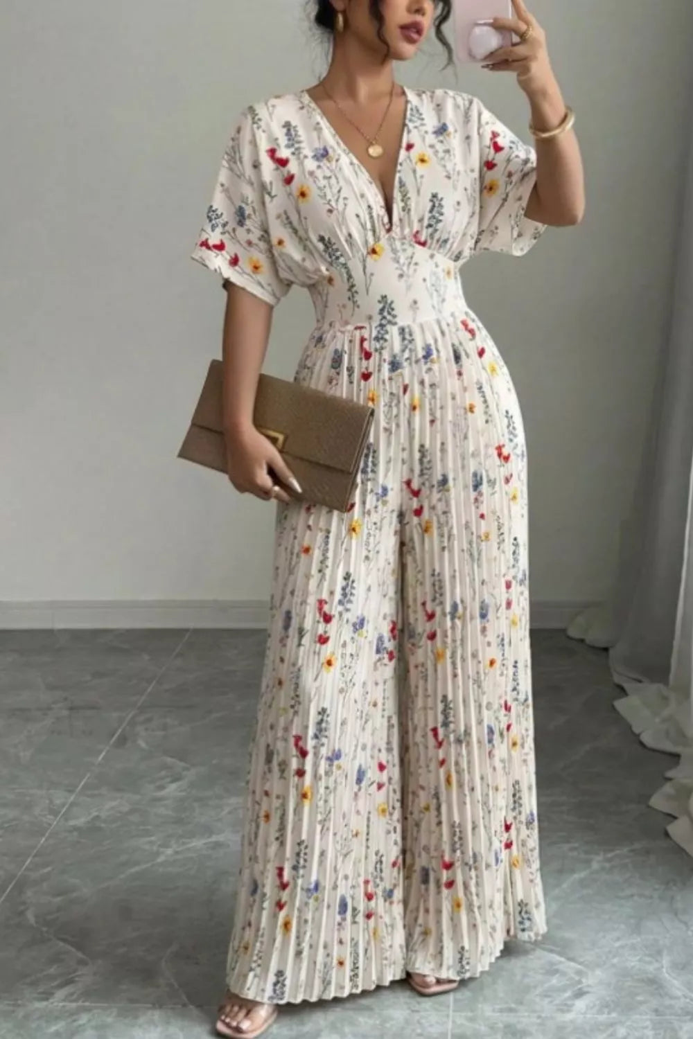 Floral Print Wide Leg Pleated Jumpsuit in Beige