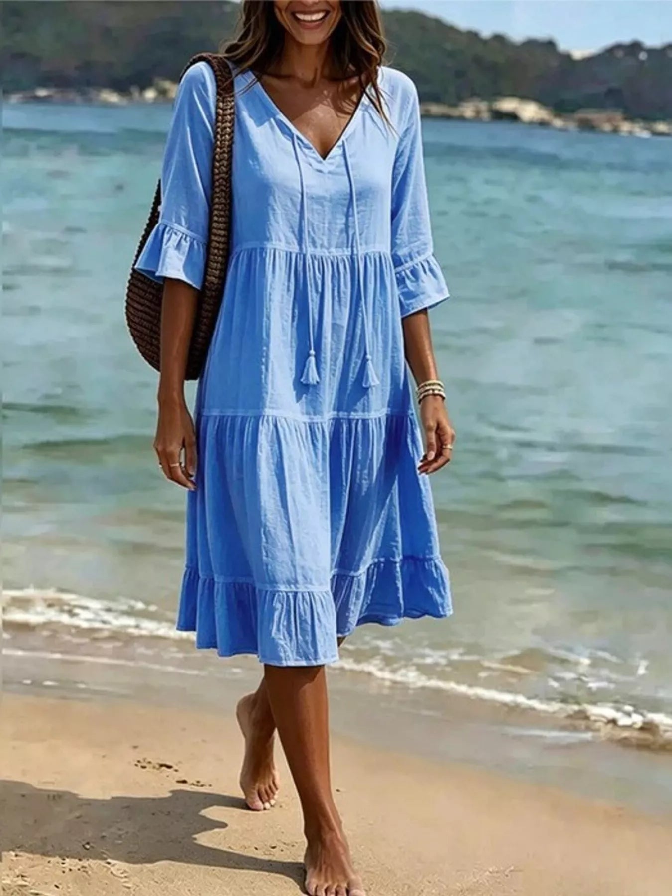 Tie-Neck Flounce Sleeve Tiered Dress