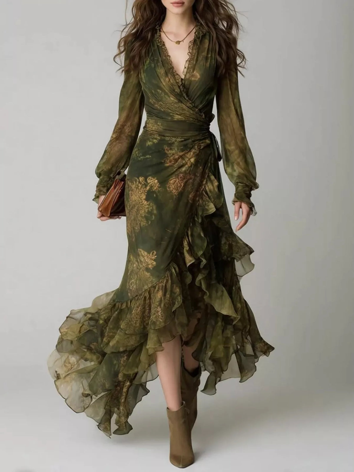 Floral Print Wrap Maxi Dress in Army Green by Yvette