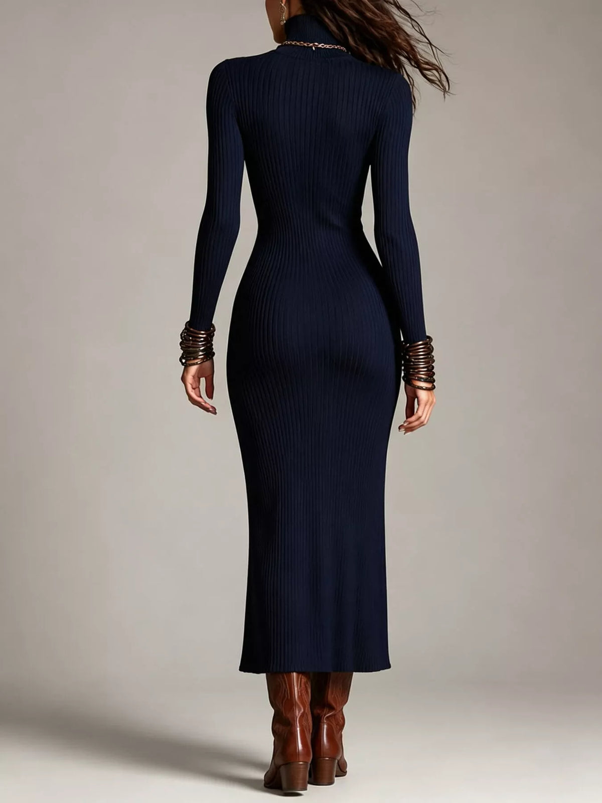 Ribbed Turtleneck Sweater Dress in Dark Navy