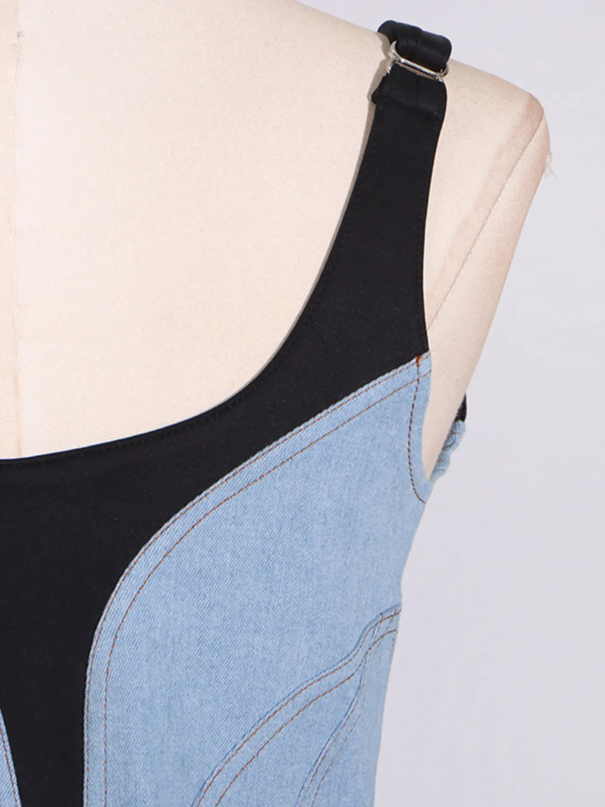 Contrast Adjustable Strap Denim Dress in Blue