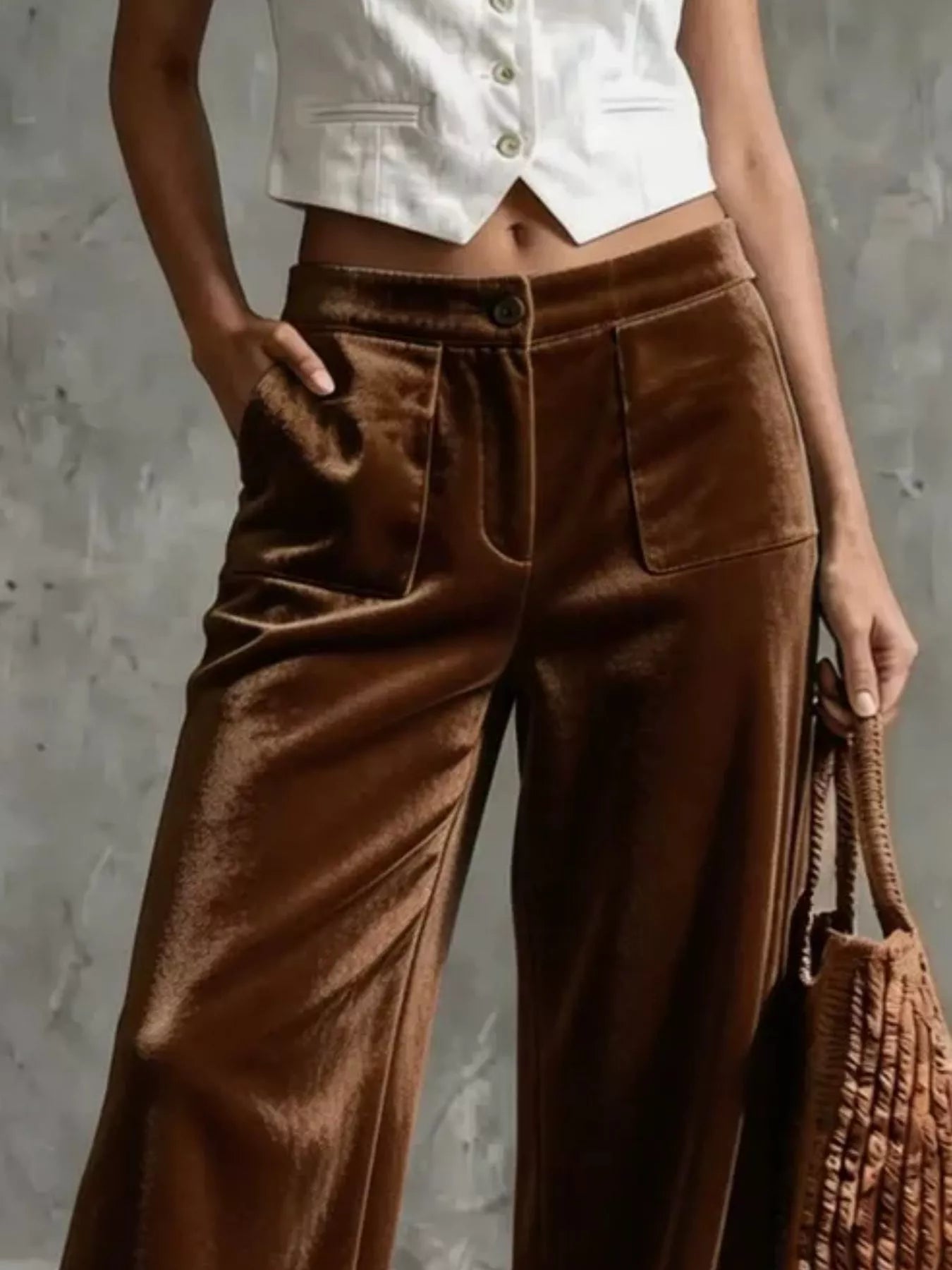 Velvet Wide-Leg Pants with Pockets
