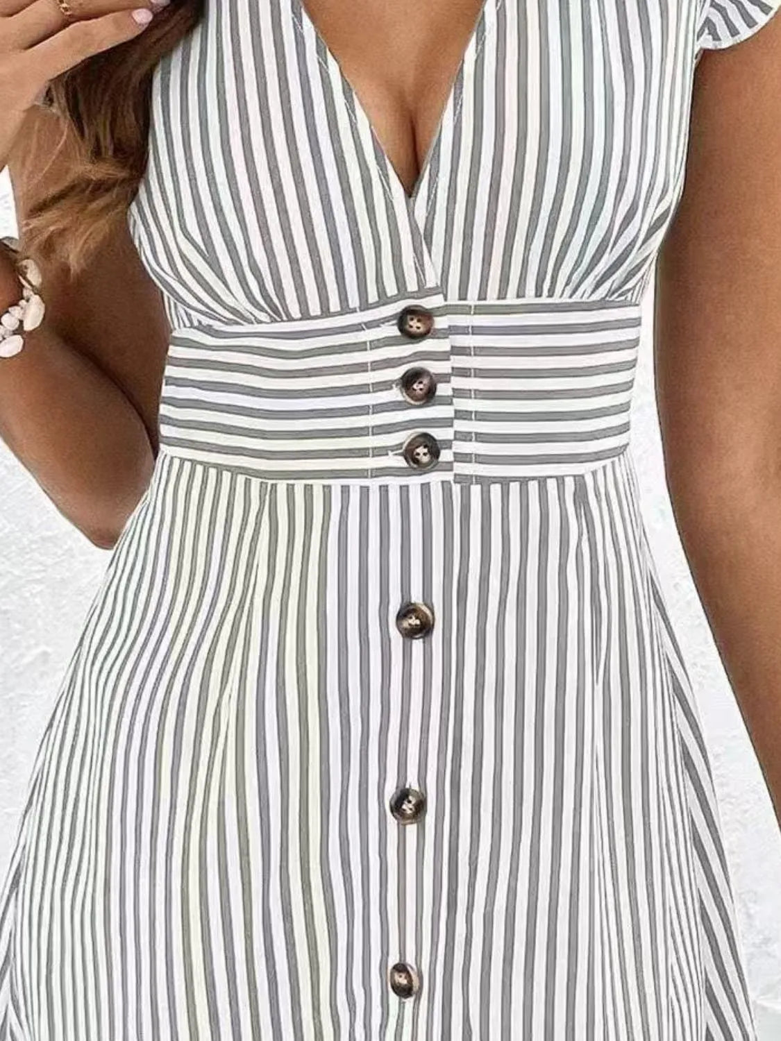 Striped Button-Front Cap Sleeve Dress
