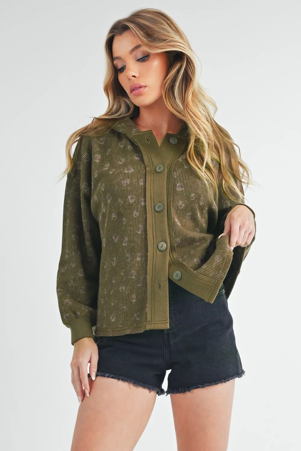 Floral Button-Up Hooded Jacket in Olive