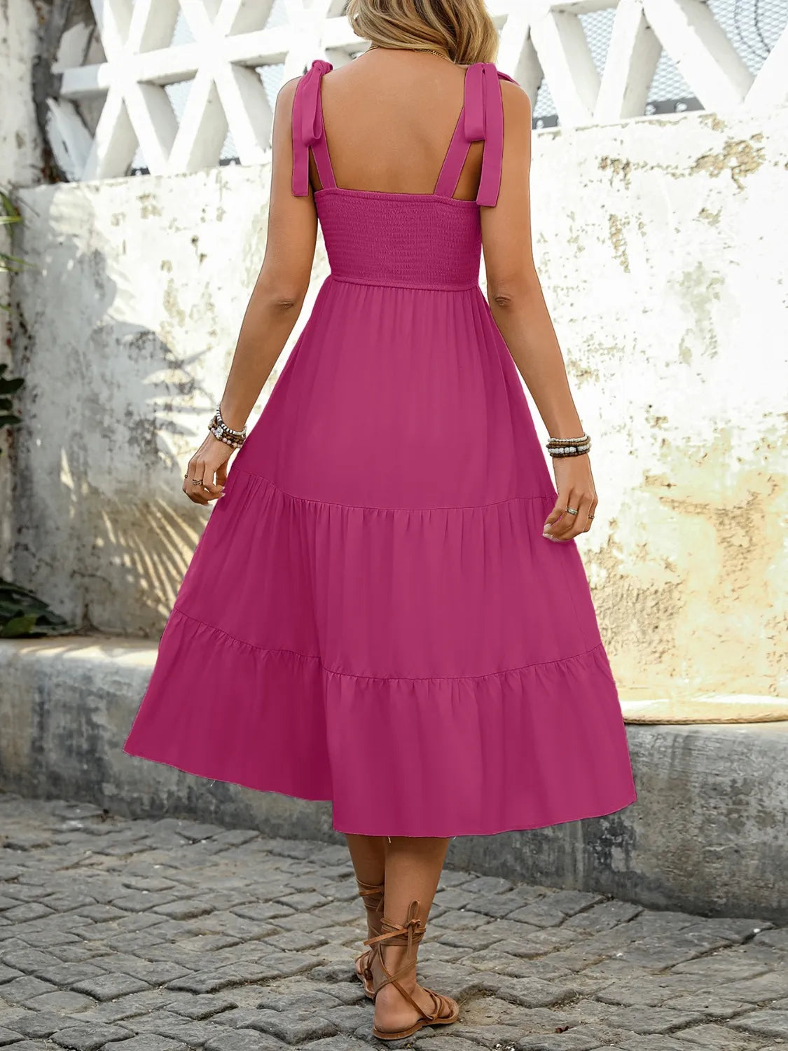 Tie-Shoulder Tiered Midi Dress in Cerise
