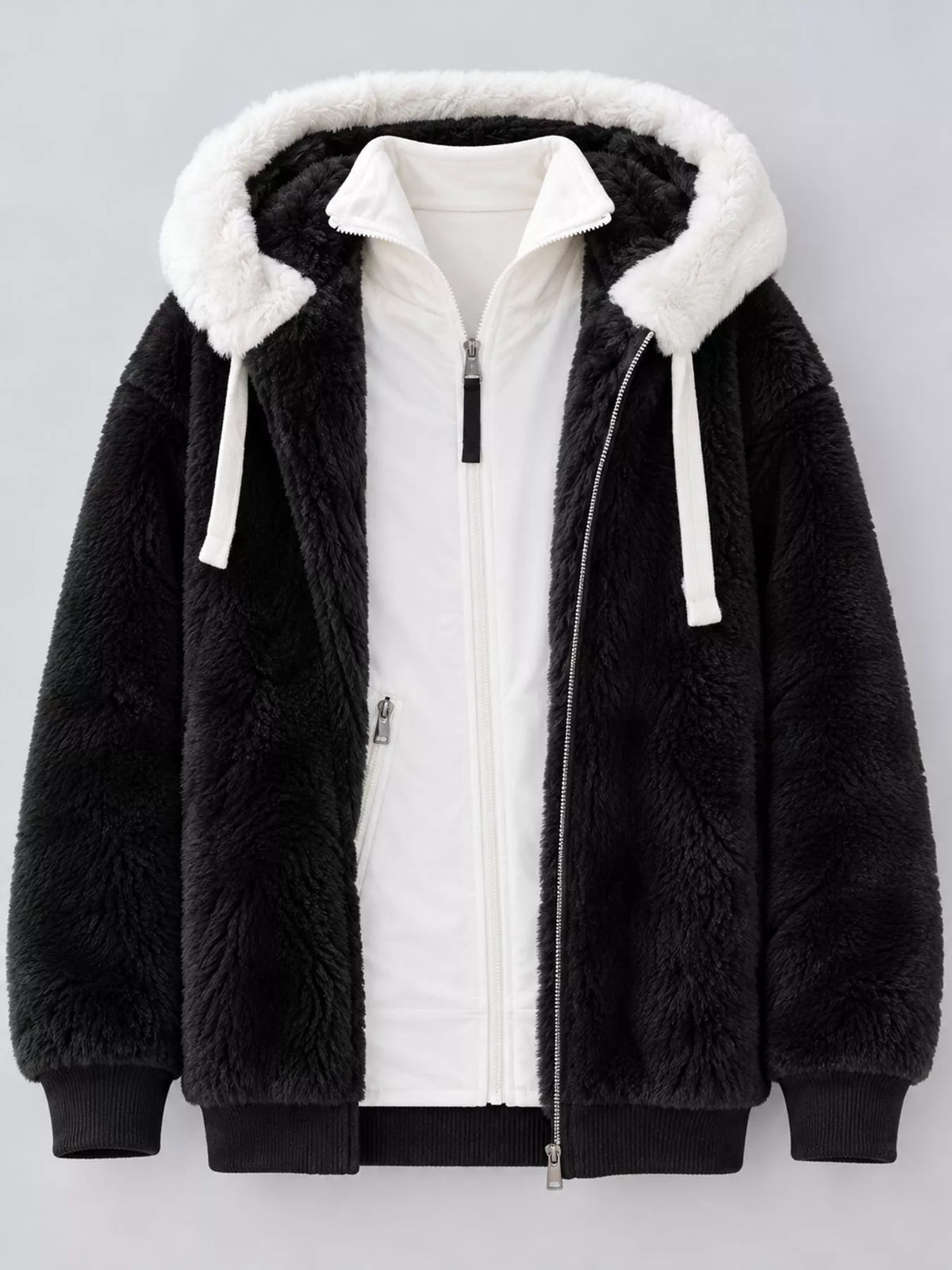 Faux Fur Hooded Zip-Up Jacket in White