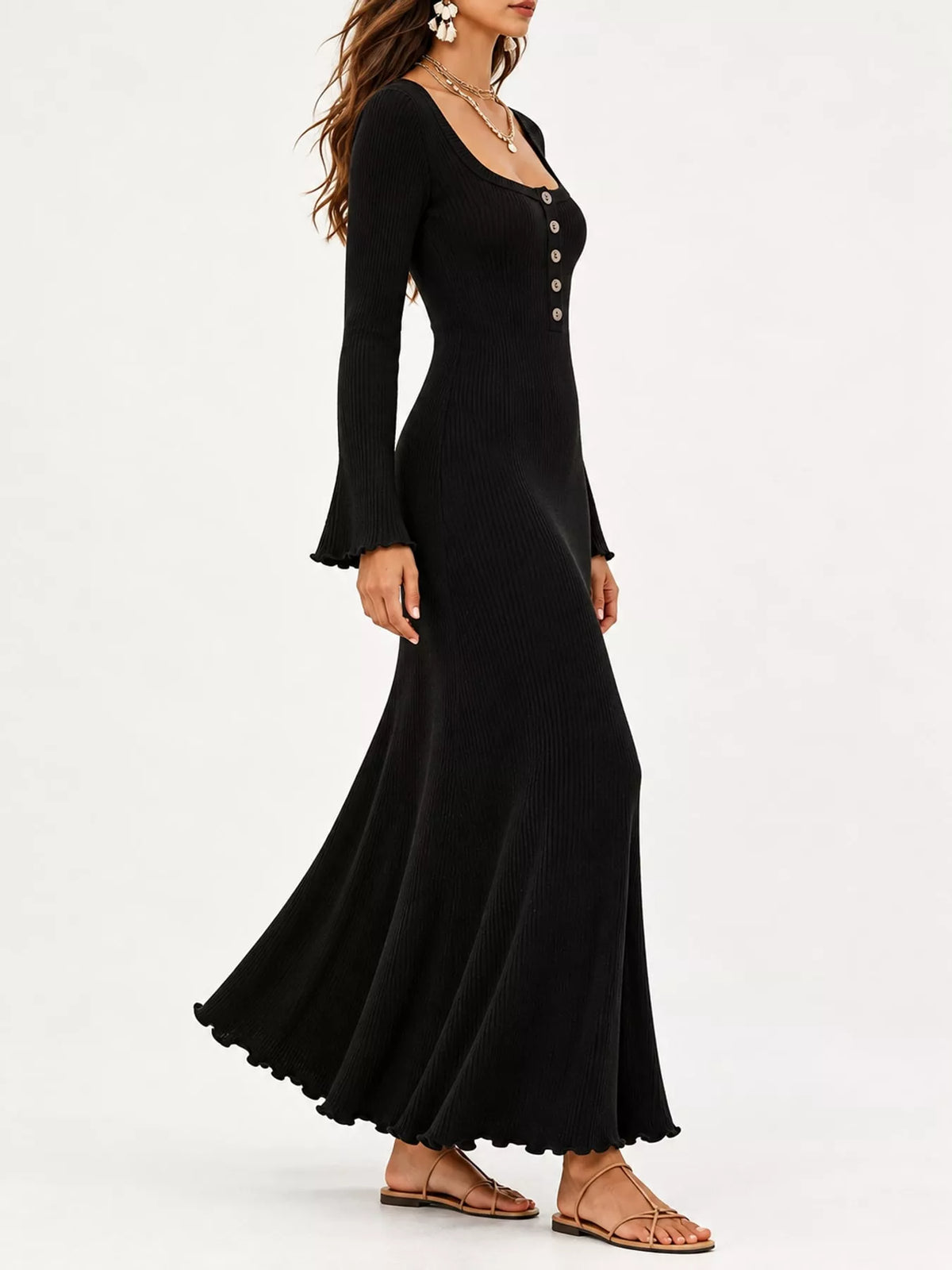Button-Front Ribbed Knit Maxi Dress