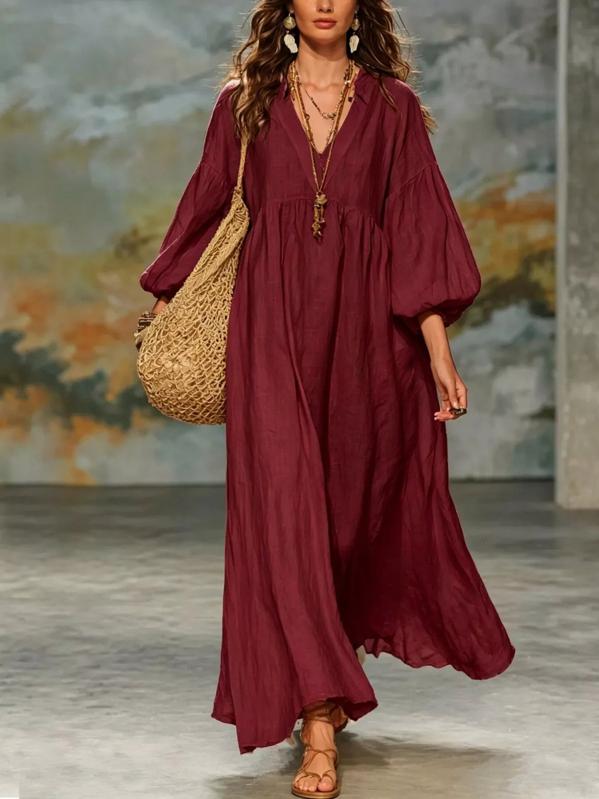 Notched Neck 3/4 Sleeve Maxi Dress