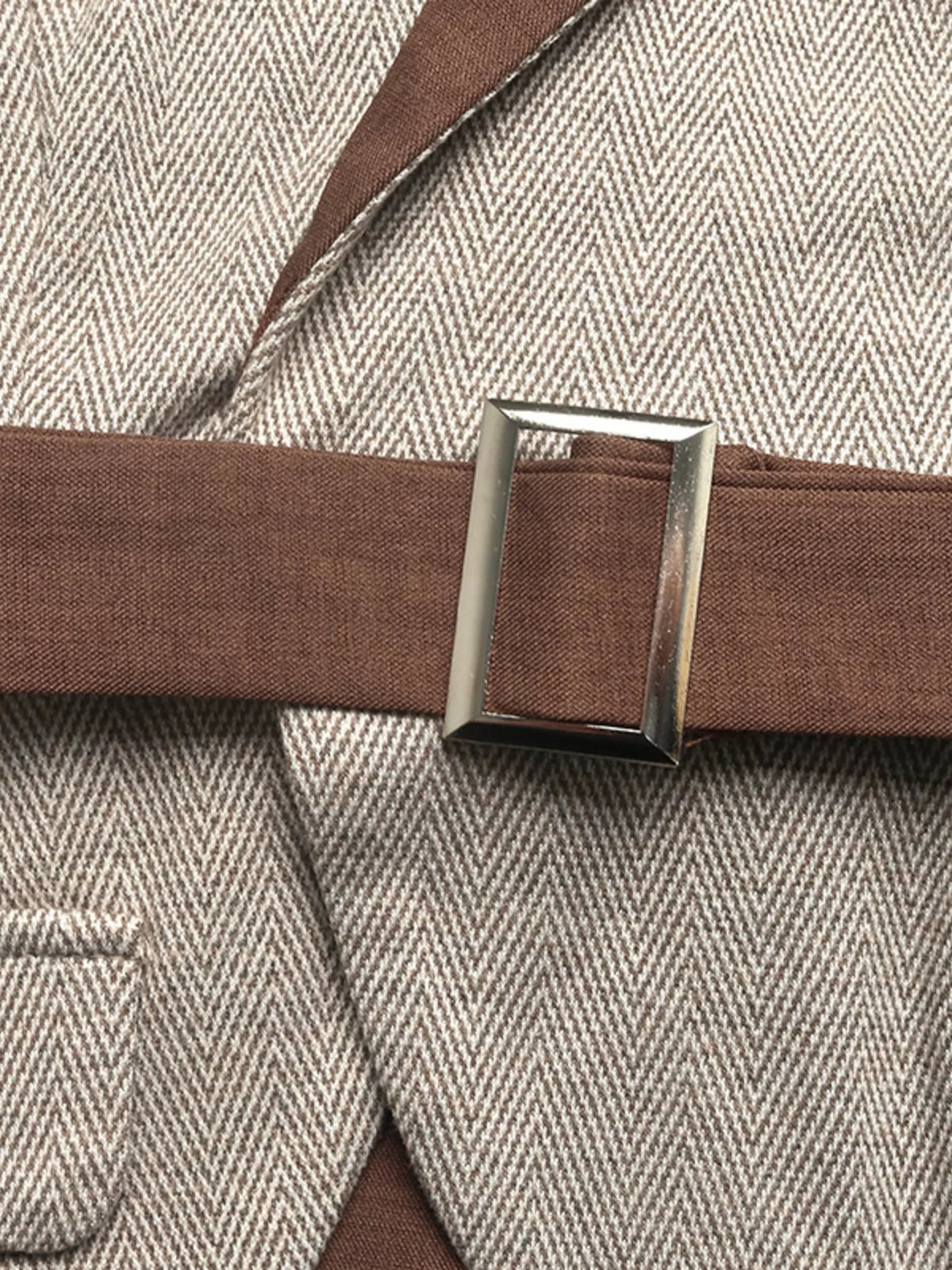 Pleated Patchwork Blazer Belt Dress in Brown